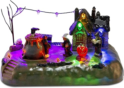 Figura de caldero de bruja de pueblo de Halloween con casa iluminada, ciudad espeluznante, accesorios de decoración de interiores, para exhibición