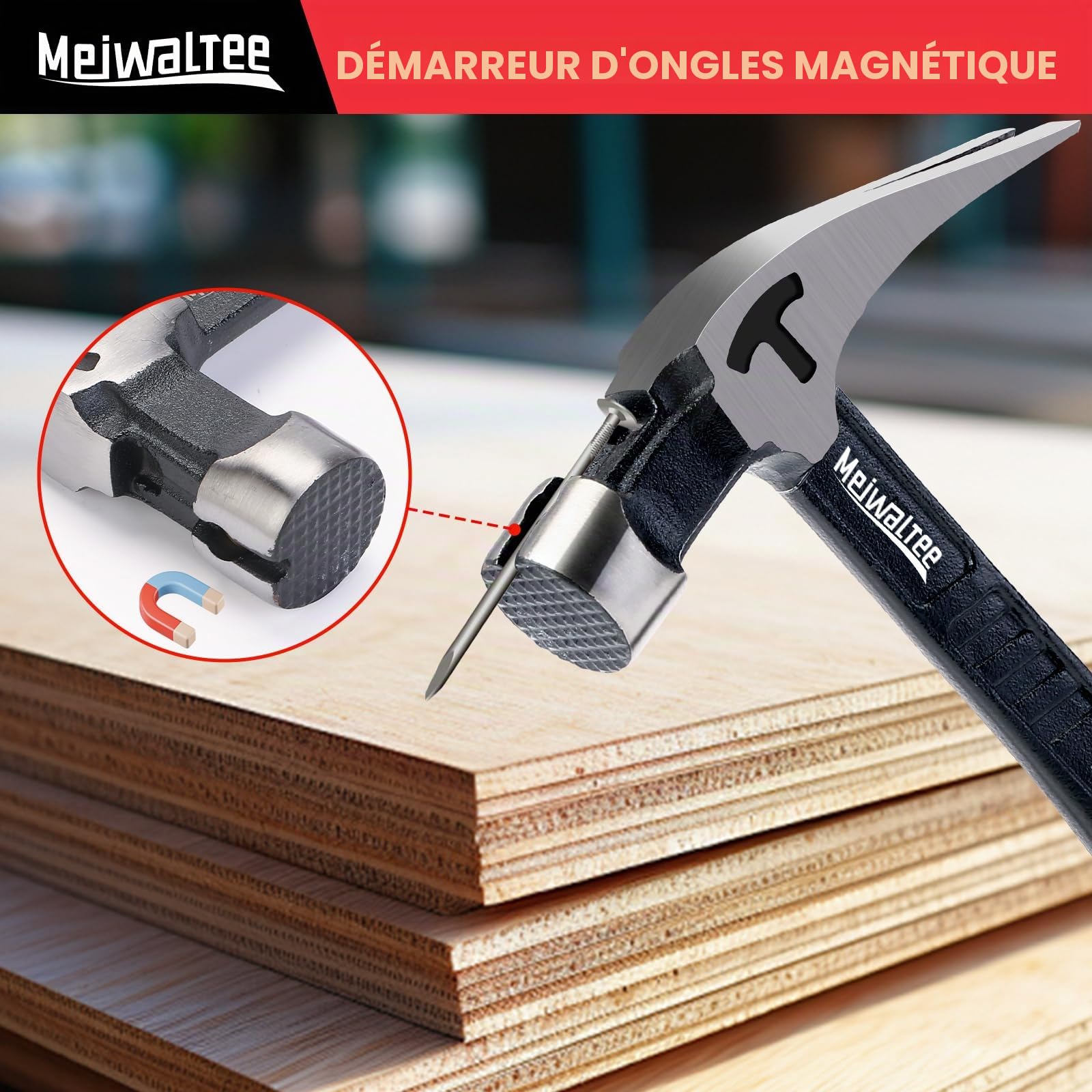 Marteau de charpentier droit avec support magnétique à clous, surface fraisée et poignée amortissante - Poids : 850 g