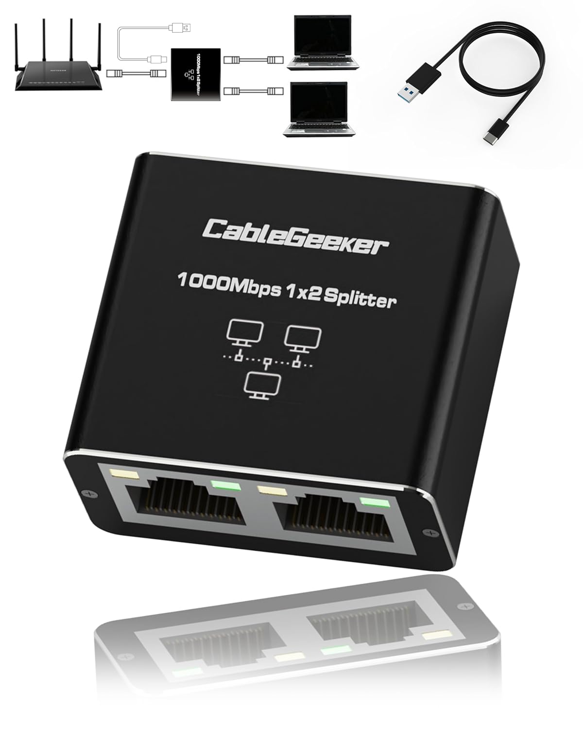 Switch Ethernet 2 Porte Gigabit - Splitter Da 1 A 2, 1000Mbps, Con Cavo Type-C, Per Reti LAN - Foto 2