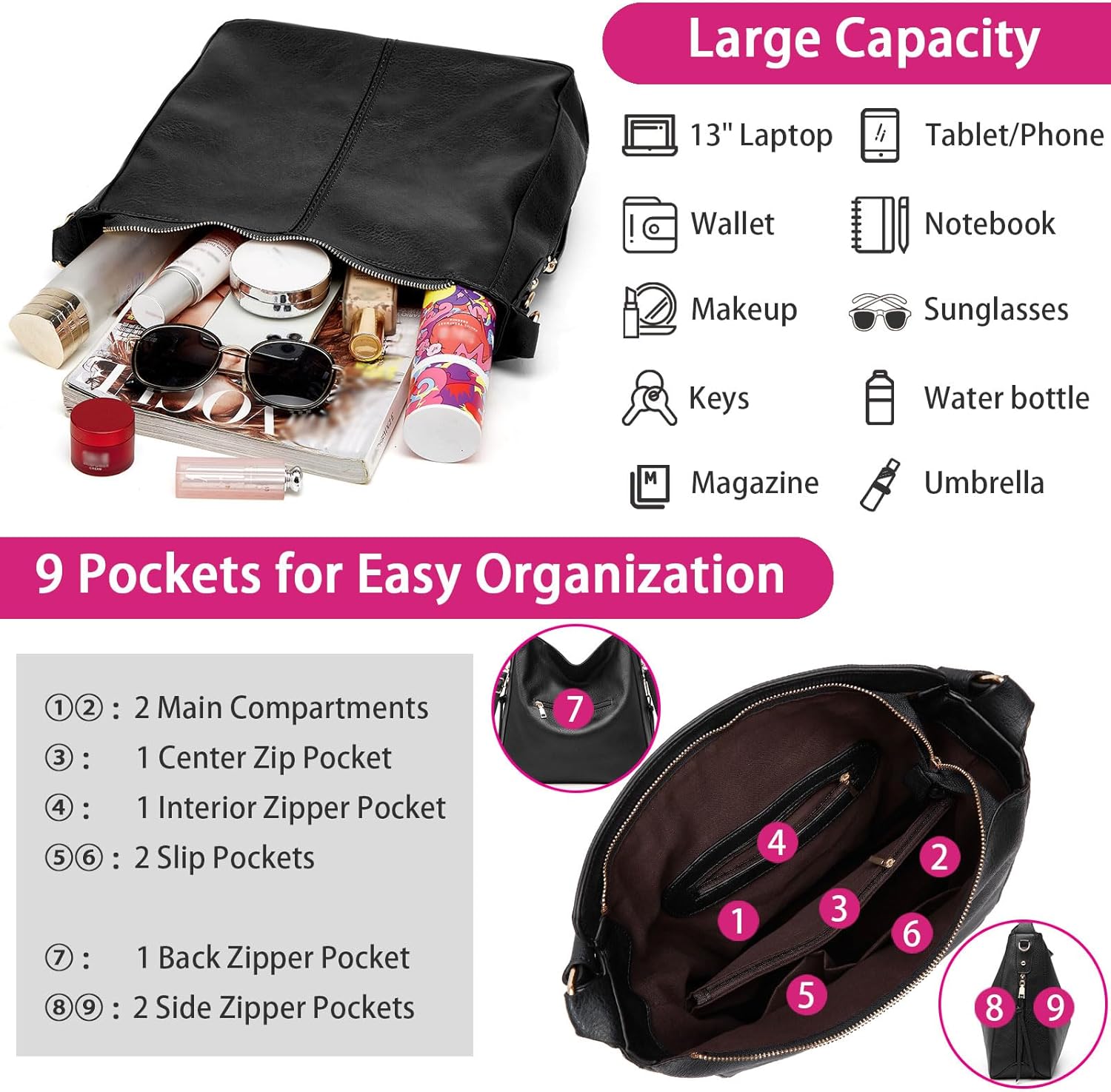 Large Trendy Designer Hobo Tote Bag for Women, Soft Leather Crossbody Shoulder Handbag, Purse and Wallet Set Black Brown