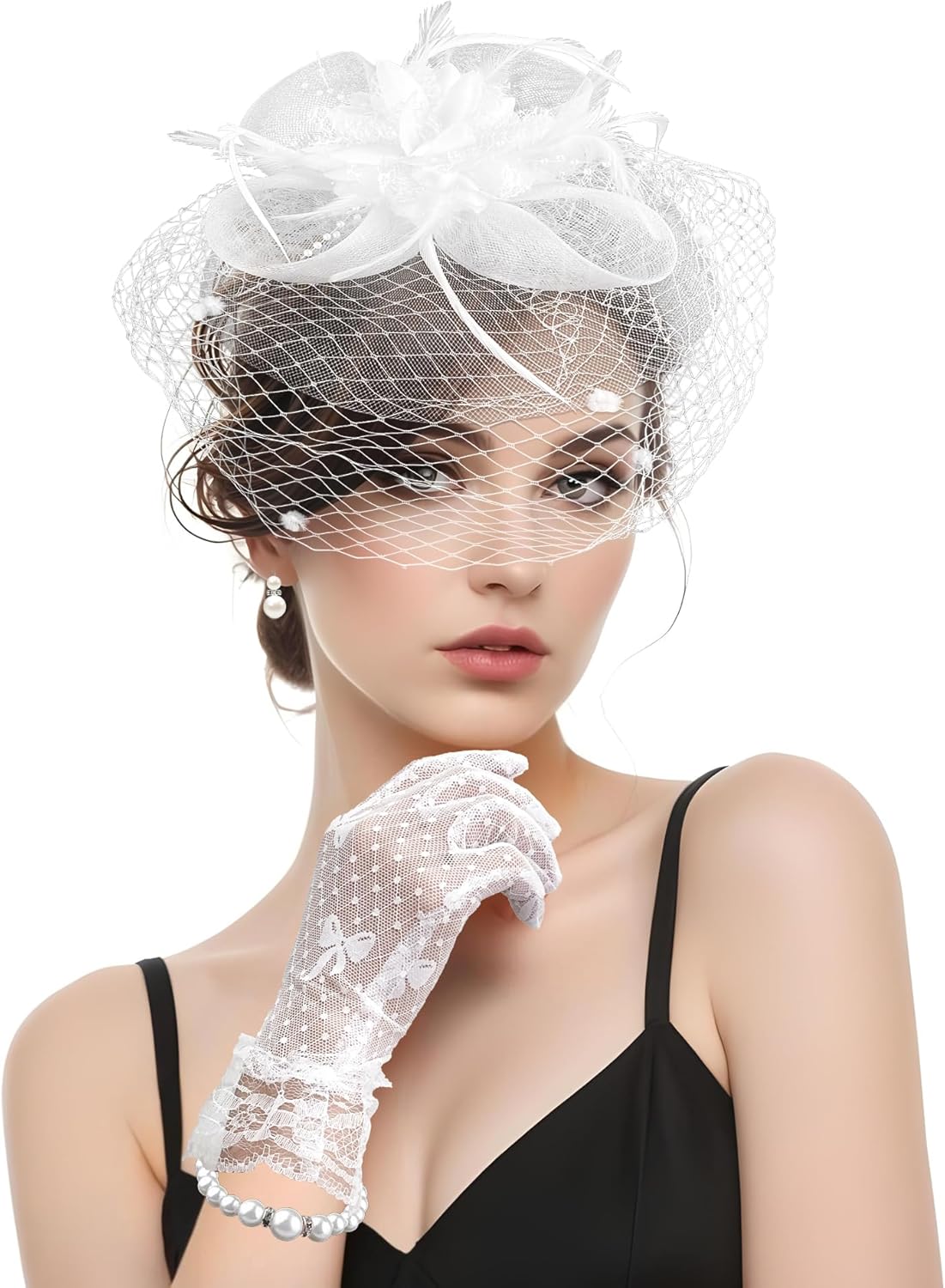 1920s Vintage Fascinators Hat Set for Women Tea Party Hats Feather Headband Lace Gloves Set - Image 5