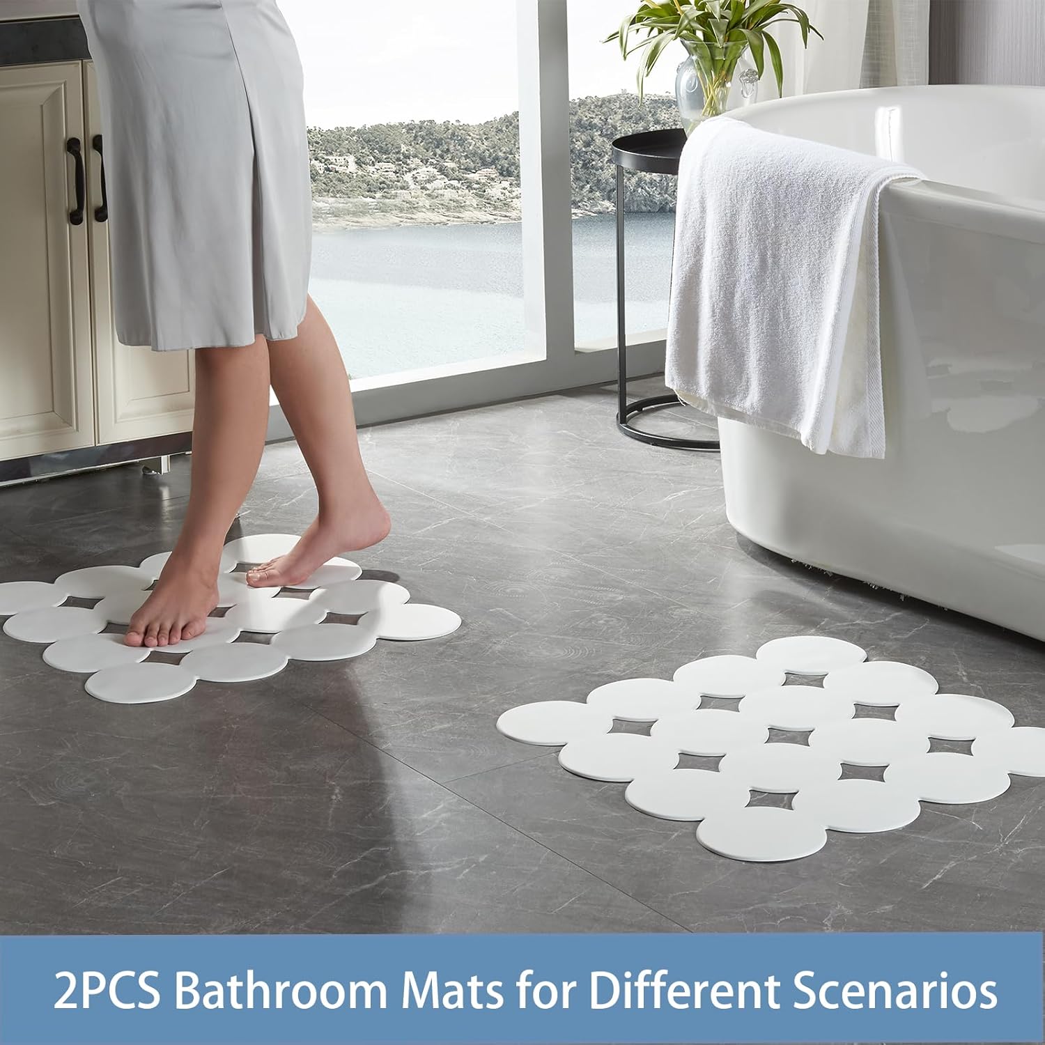 Webos Square Shower Mat Nonslip - 2PCS Rubber Bathtub Mat with Suction Cups for Inside Shower Bathroom Floor (White, 21X21)
