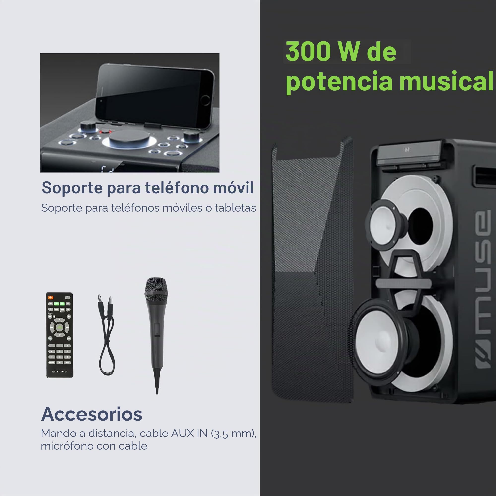 Muse M1920DJ Equipo PA con batería de 300 W con CD, Bluetooth y Efectos de luz (USB, AUX, micrófono, Mando a Distancia), Color Negro