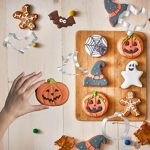 Miniatura 7 de Crethinkaty Juego de cortadores de galletas de Halloween, 7 piezas con formas de cortador de galletas de Halloween, fantasma, murciélago, calabaza,