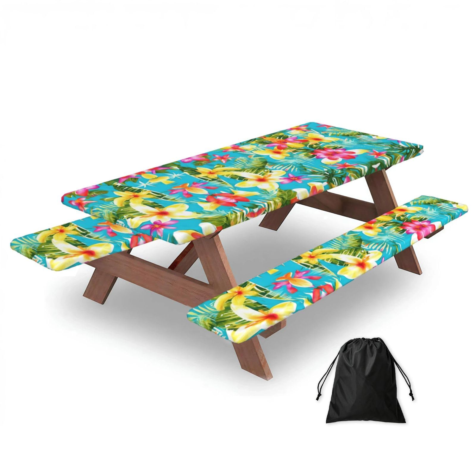 Zyjhyy Black Summer Style Hawaiian Print 3 Pack Wipeable Picnic Bench Cover And Table Cover Lightweight Table Cloth For Camping Outdoor