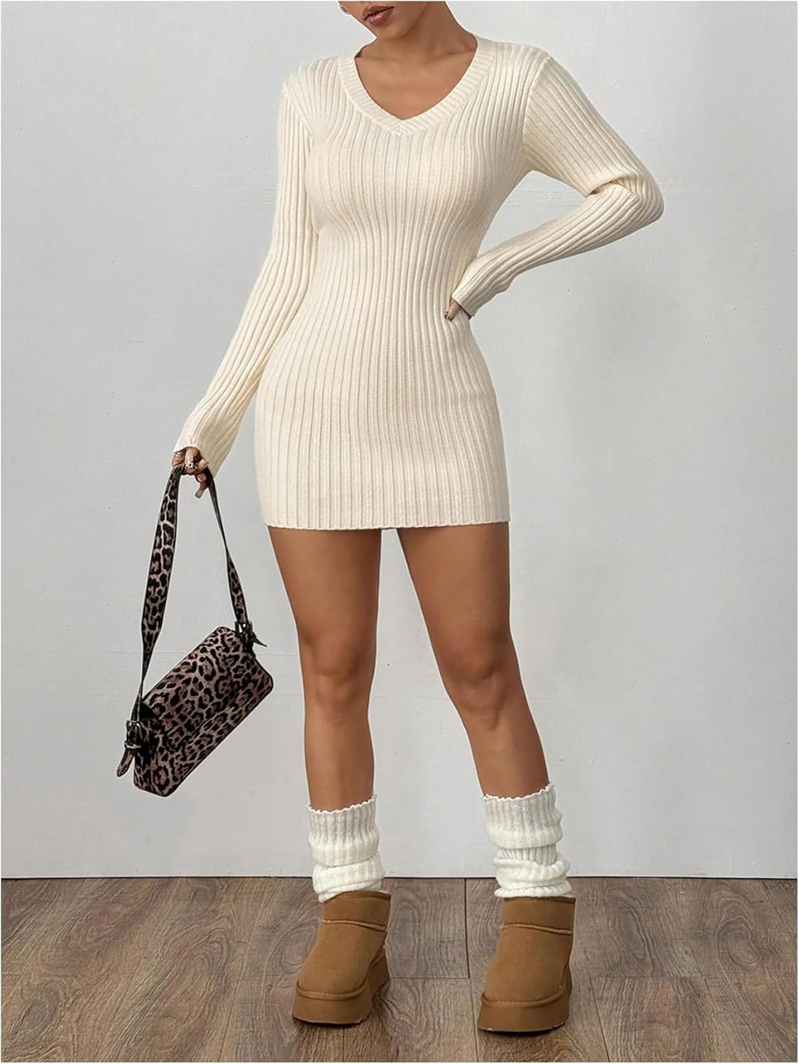 OYOANGLE Women's Ribbed Knit Bodycon Sweater Dress Deep V Neck Long Sleeve Skinny Mini Dresses - Image 5