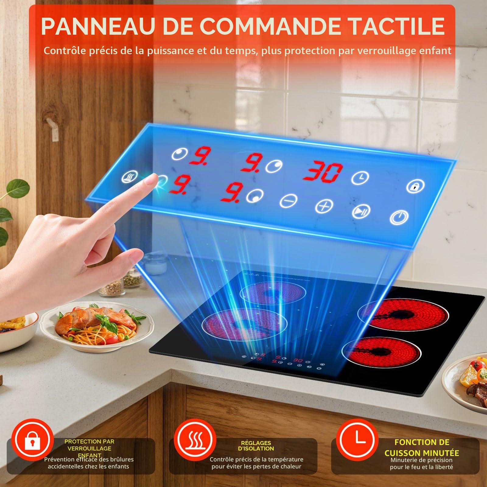 Plaque Vitrocéramique 4 Feuxs Encastrable, Plaque 6000W avec 9 Niveaux de Puissance, Maintien au Chaud, Minuterie, Contrôle Tactile, Sécurité Enfants Pour Toutes les Casseroles