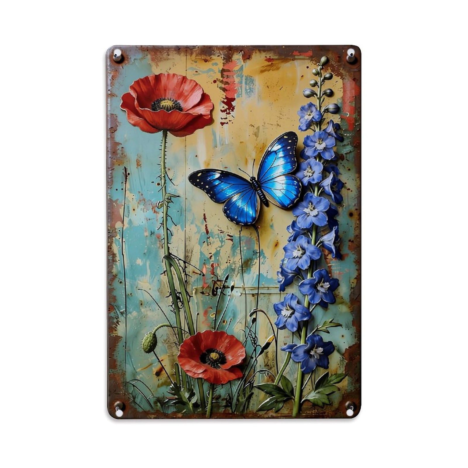 Jdfenggu Vintage Poppy Butterfly Delphinium Rustic Art Retro Metal Tin Sign, Decor Art Poster For Bar, Home, Man Cave, Kitchen, Laundry Room Gift 8X12inch