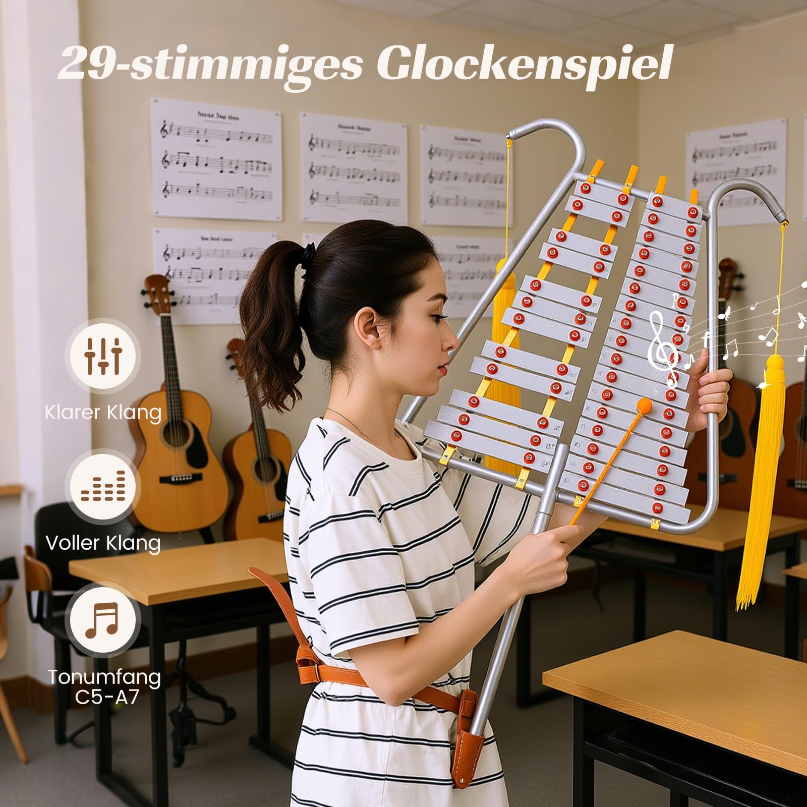 COSTWAY 29 Noten Glockenspiel, Aluminium Marsch-Xylophon mit verstellbarem Griff, 2 Schlägeln, Gürtelclip und Gürtel, Percussion Instrument, Metallophon für Erwachsene