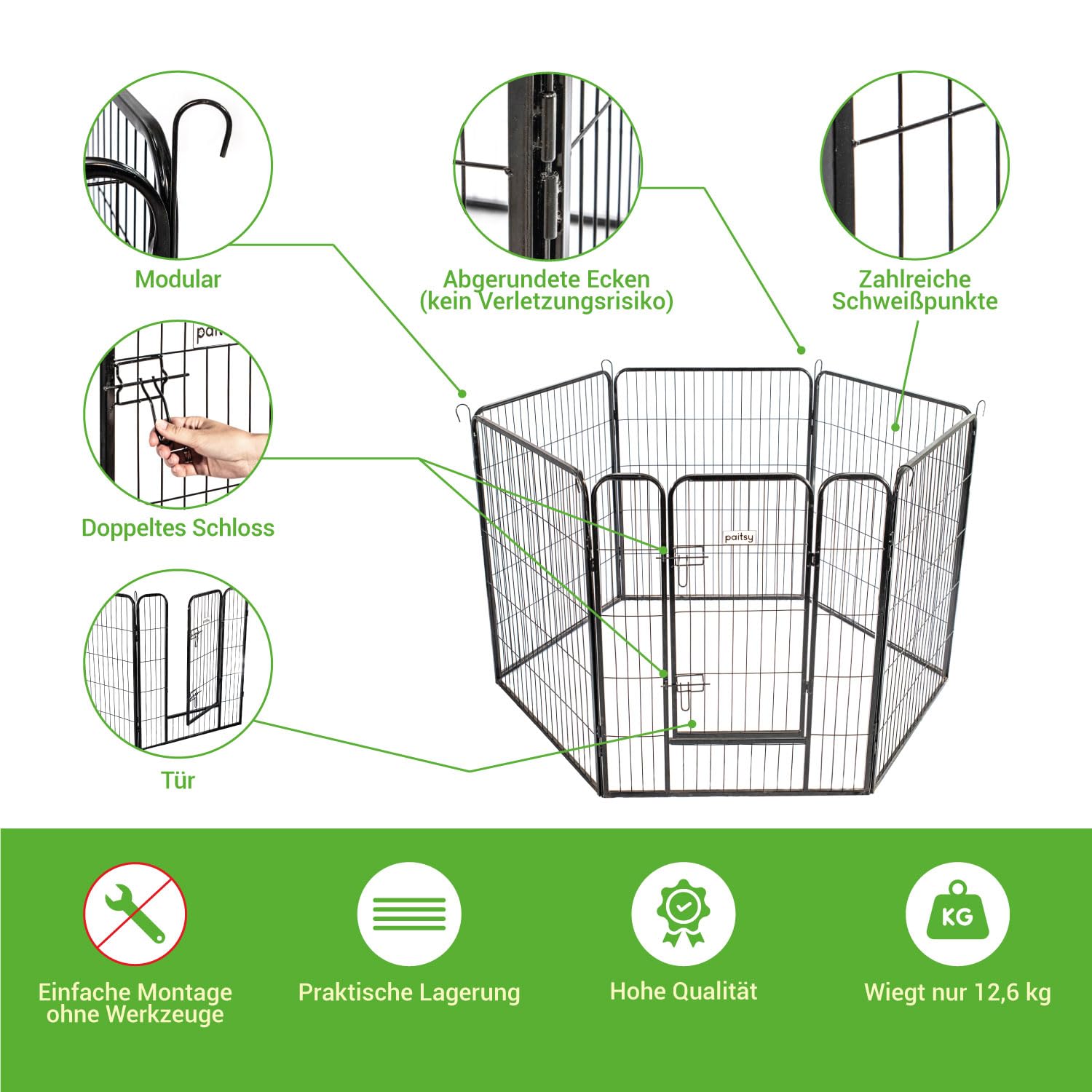 Laufstall für Hunde, Welpen und Kaninchen, Gardeo80x100x6, 6 Paneele 80x100 cm, 1,28 m², modular, innen und außen, faltbar, 5 Jahre Garantie