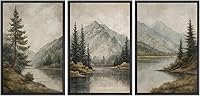 MUDECOR Framed Mountain Landscape Wall Art Set - 24x36x3 Inch Black Frame, Rustic Nature Prints with Trees & Lake for Living Room, Bedroom, Office Decor