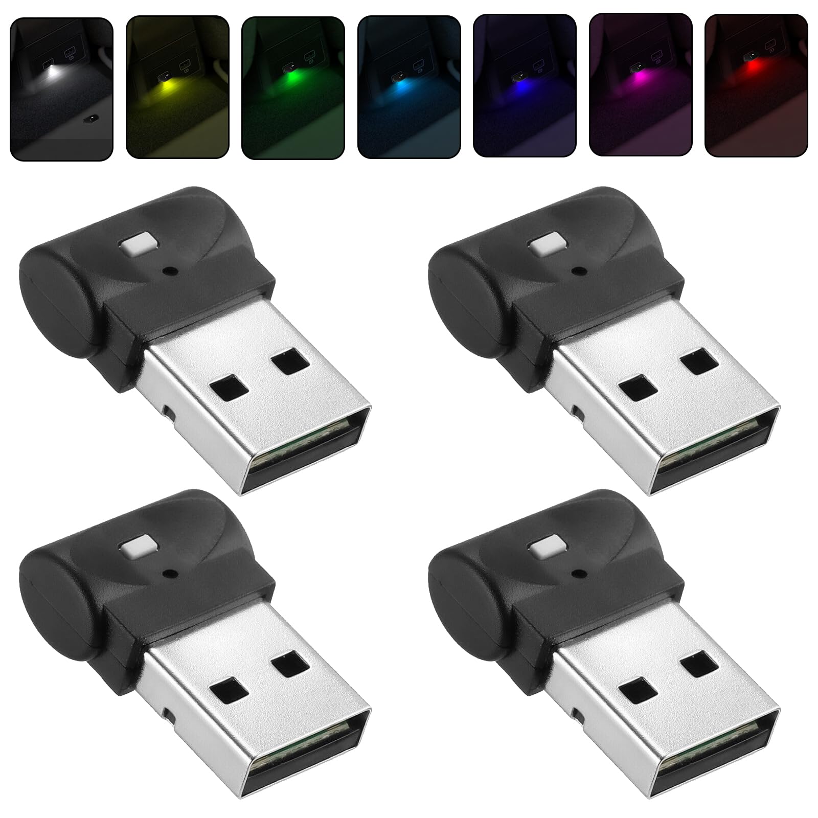 Nizirioo Oświetlenie samochodowe LED, 4 sztuki, USB, mini lampa samochodowa Starlight, oświetlenie USB, 7 kolorów, uniwersalne oświetlenie otoczenia do mobilnego zasilania, samochodu, laptopa