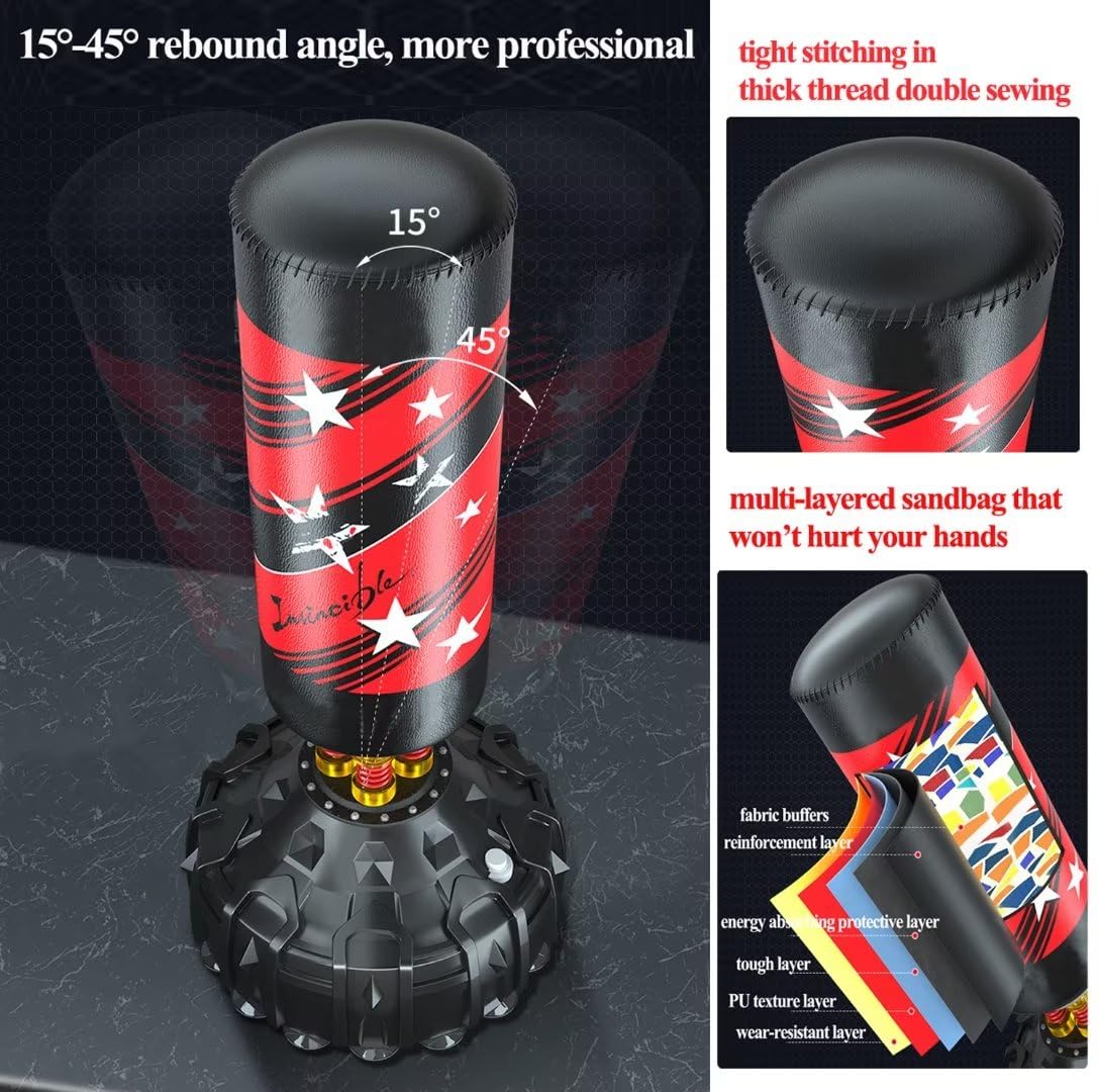 Schwerer Boxsack mit Ständer für Erwachsene Jugendliche, 61 cm großer Saugnapfboden, 70 Zoll freistehender Boxsack auf Sockel, Stoßdämpfer, stehende Kickboxsäcke für das Boxtraining im Heim-Fitne