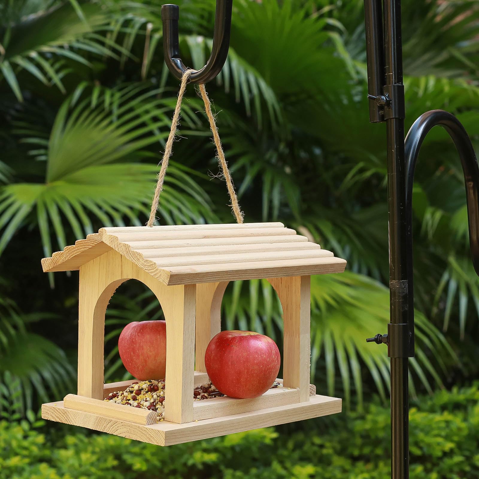 Comedero para pájaros de madera al aire libre, comedero colgante para pájaros, decoración de jardín al aire libre, para pinzones, cardenales, gallinas y gorriones, observación de aves