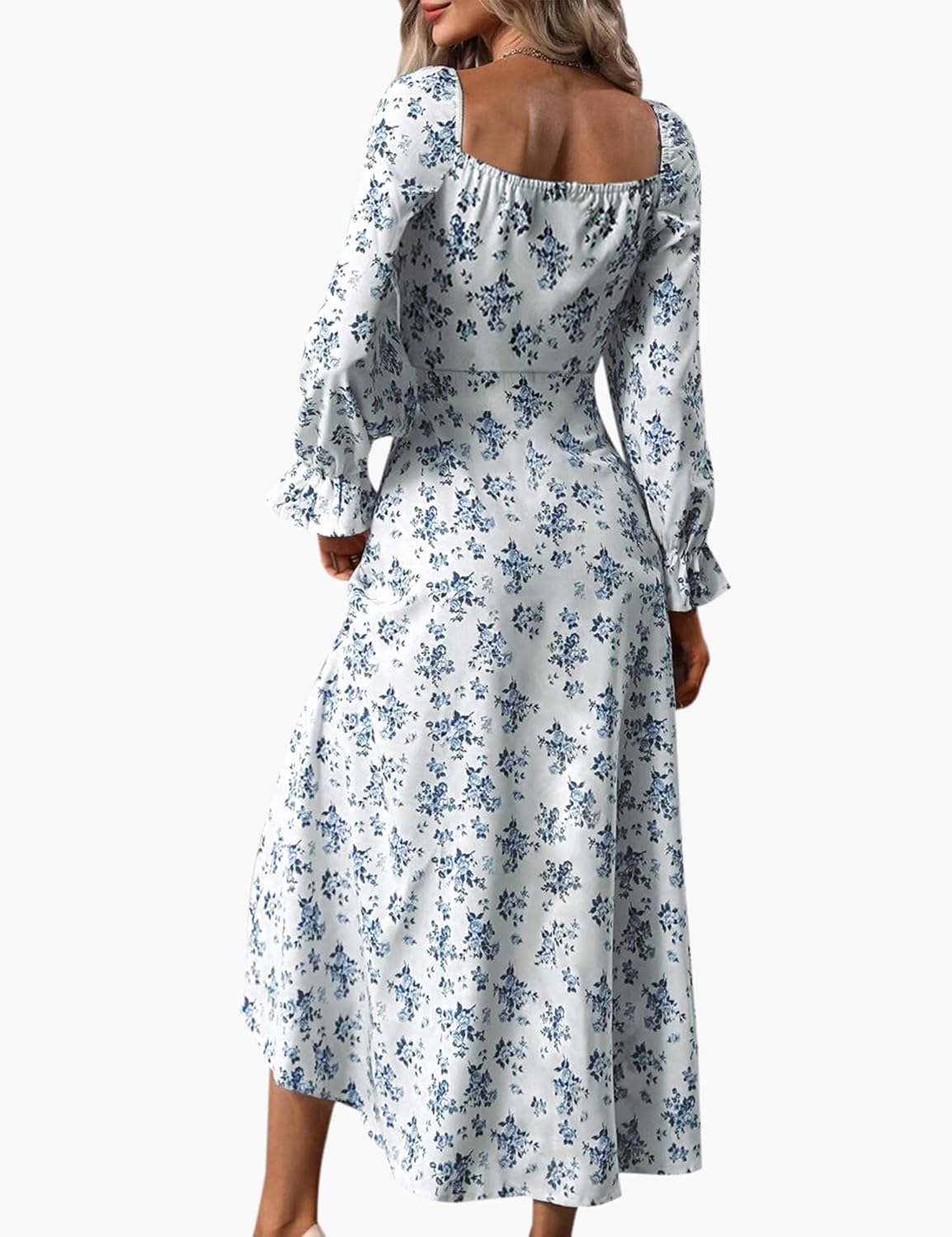 Relipop Women's Floral Puff Long Sleeve Maxi Dress Casual Square Neck Flowy Boho Split A Line Dresses - Image 4