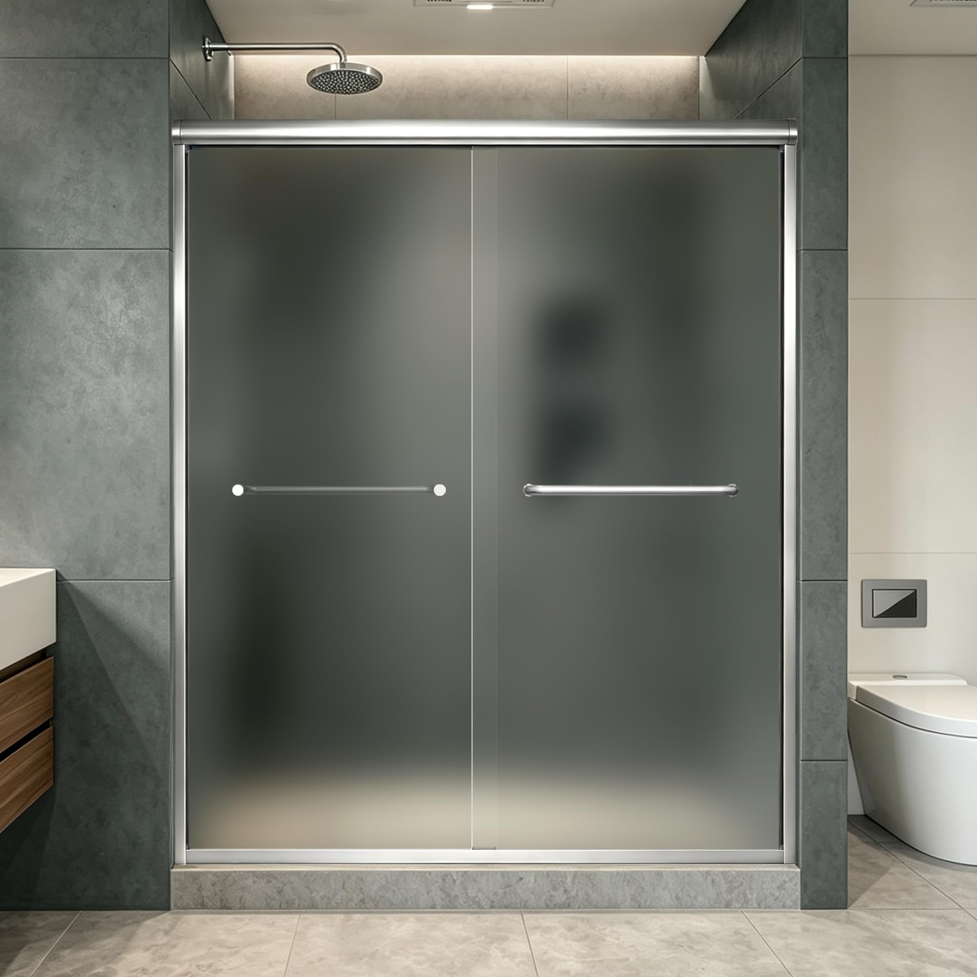 Frosted Double Sliding Shower Door 55-55-60" W x 70" H, Chrome Finish, Bypass Shower Door, Framed, 1/4" (6mm) Tempered Glass