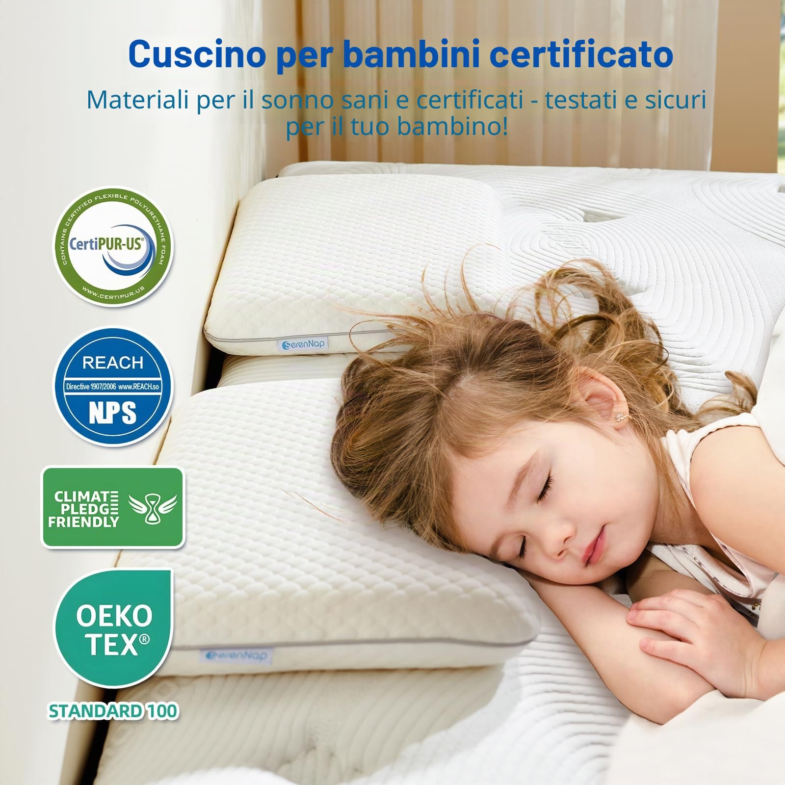 Cuscino ergonomico in memory foam per bambini 3-10 anni con rivestimento in cotone traspirante