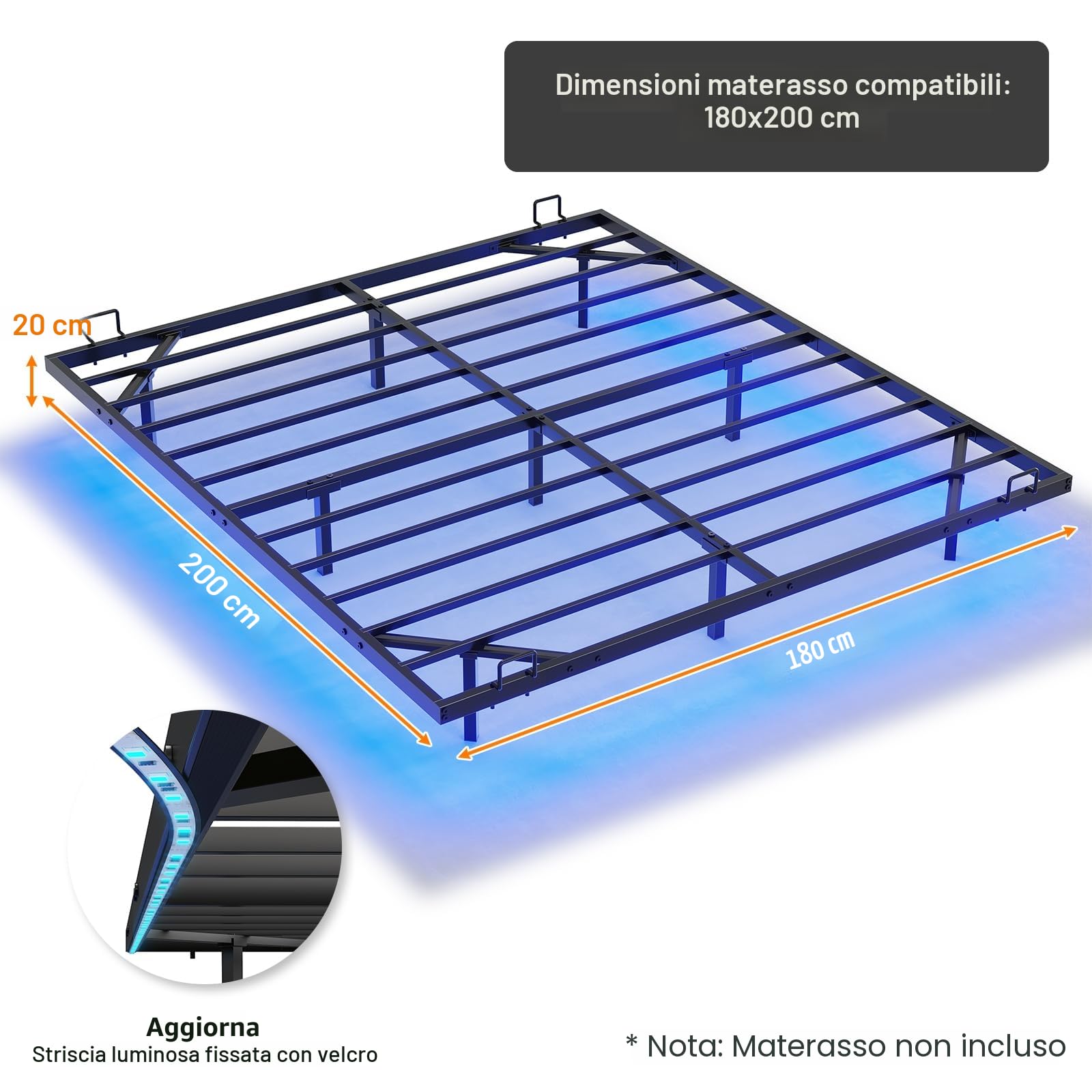 DICTAC Letto 180x200cm con Luce,Struttura Letto a Piattaforma in Metallo con Rete a Doghe Telaio Letto Matrimoniale Facile da Montare, Senza rumori per Modernità Camera da Letto, Nero