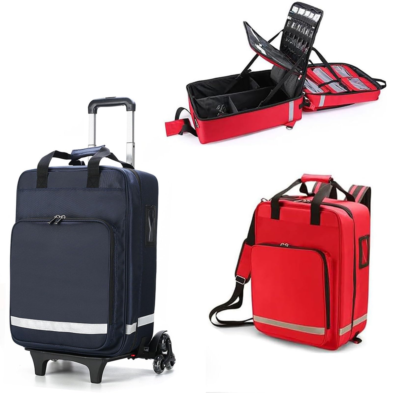 Borsa medica portatile con ruote, carrello staccabile, kit per soccorritore di emergenza, ideale per medici e studenti infermieristici, Blu