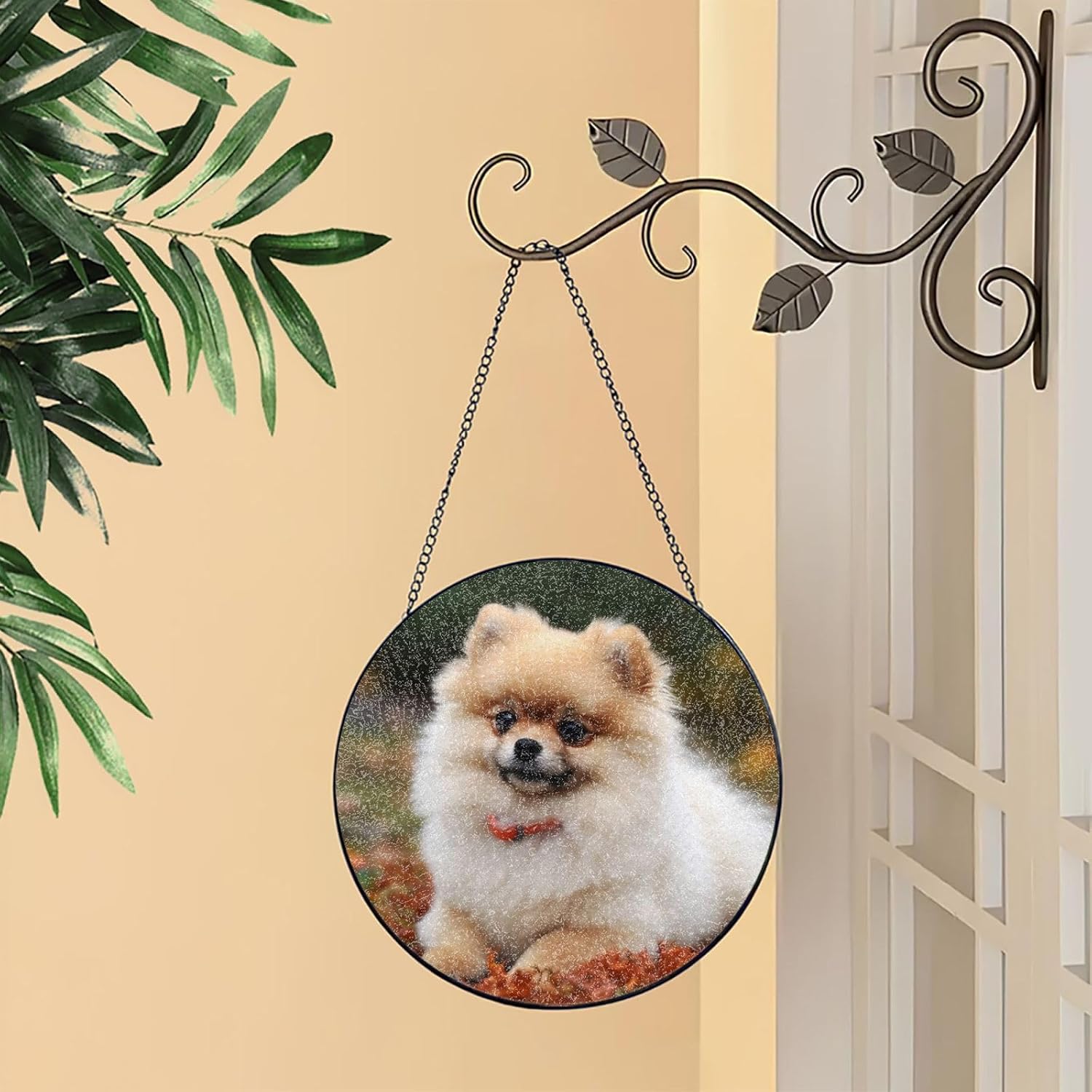 Stained Glass Window Hanging 6in（15cm）, Short-haired Pomeranian Dog Glass Suncatcher for Home Decor, Indoor Wall Art Glass Panel with Metal Chain and Hooks, Sun Catcher Ornament Birthday Gifts