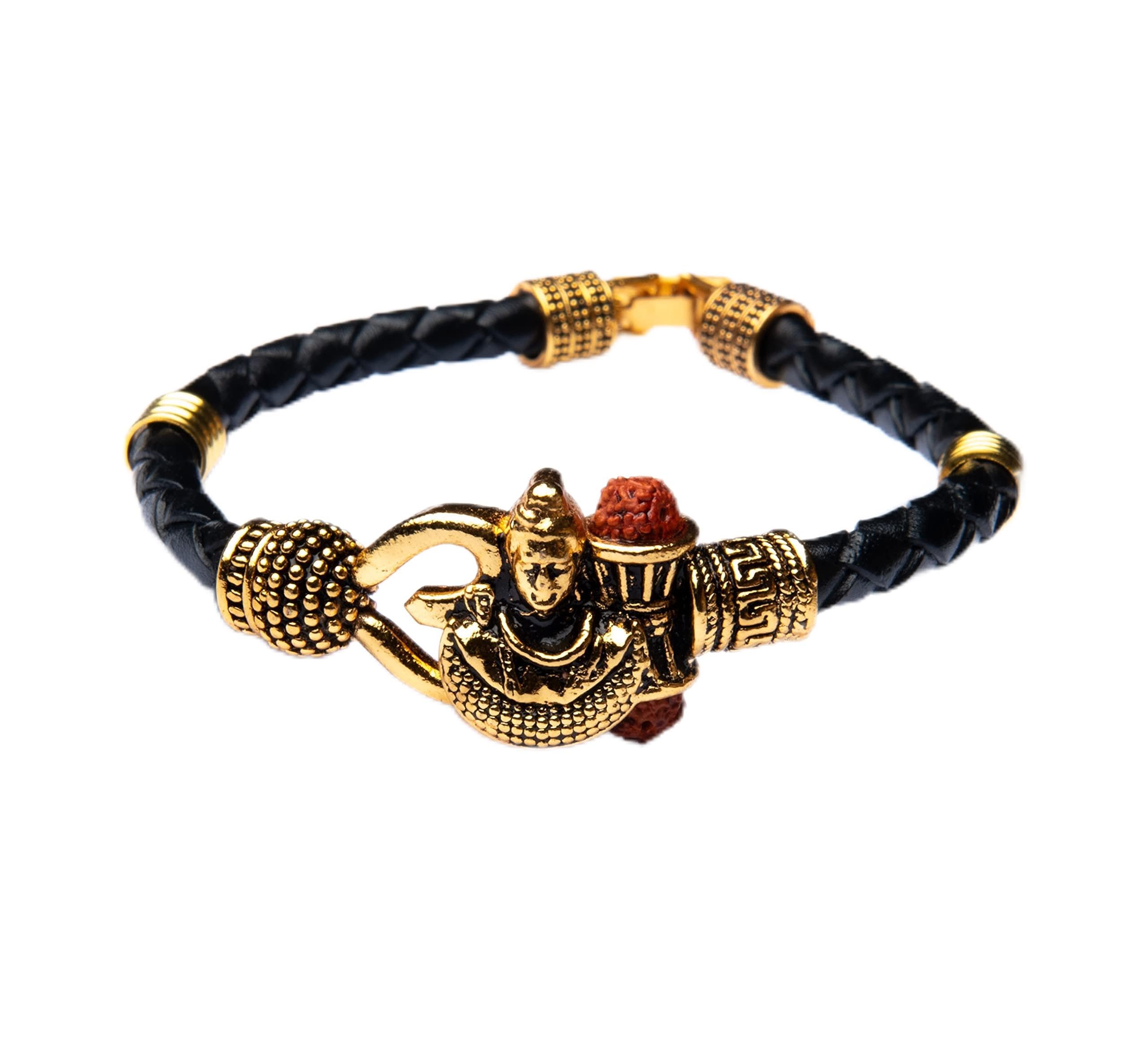 Rudraksha Shiv Om Trishul Damroo Kada for men, Lord Shiva Bahubali Cuff Bracelet for men, boys | Religious Brass Kada | Free size