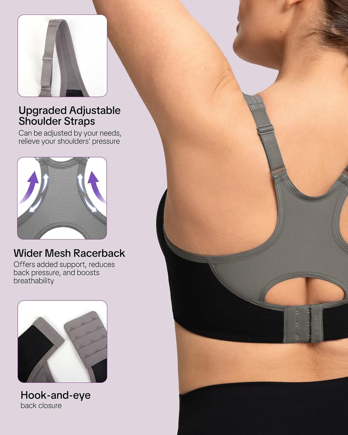 HSIA Sports Bra for Women High Support Large Bust Outside Underwire Adjustable Racerback Unlined Full Coverage Sports Bra - Image 5