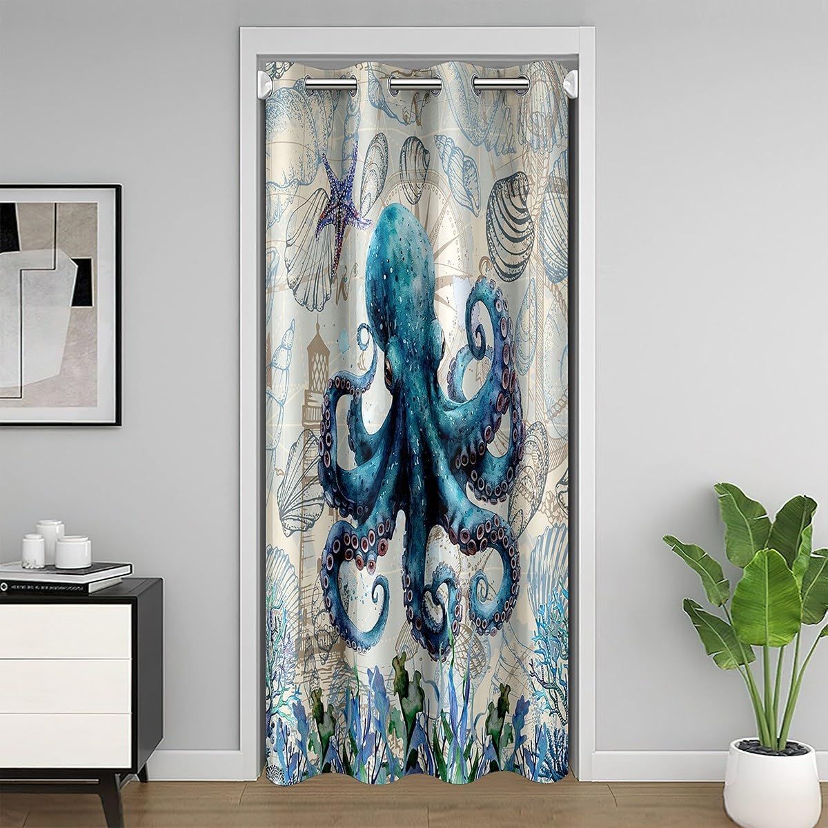 Feelyou Octopus Door Curtain for Doorway Privacy Sea Themed Closet Door Cover Curtain for Bedroom Living Room Set Kids Shells and Corals Room Divider Curtain Cover Blue and Brown Room 52"x84"