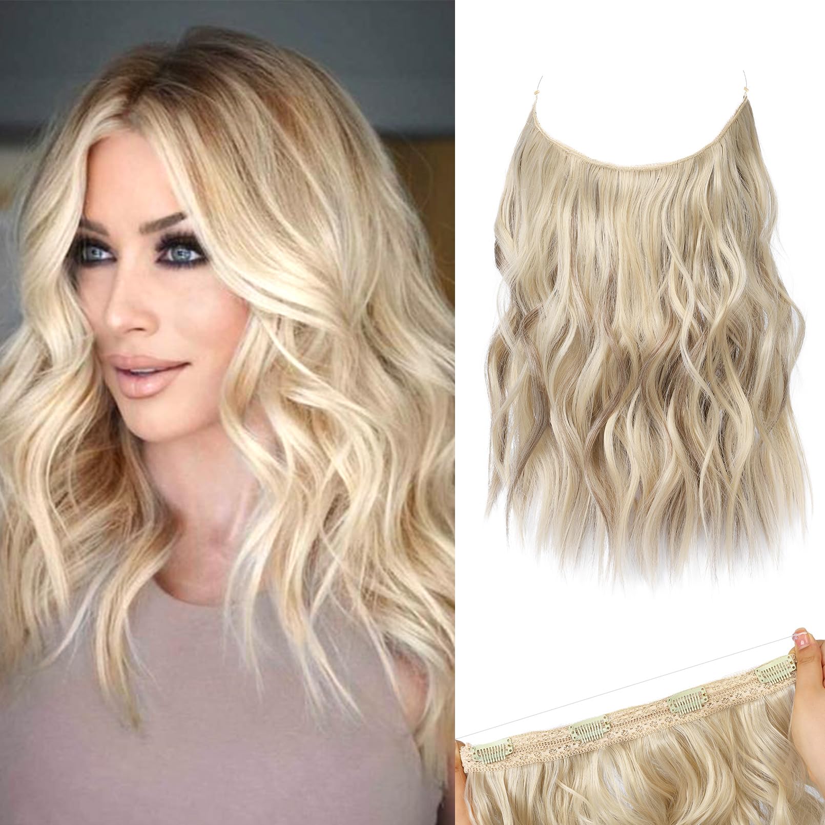 REECHO Invisible Wire Hair Extensions with Thinner Softer Lace Weft (Dark Ash Blonde, 12 Inch (Pack of 1))