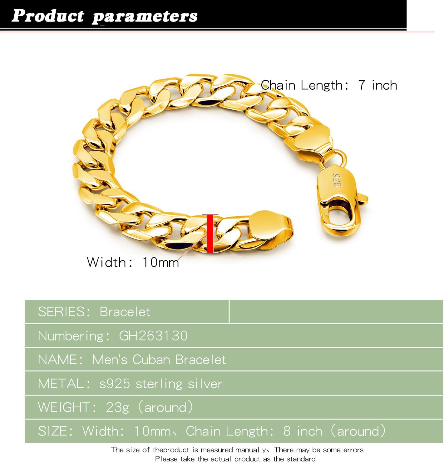 Dankadi Men Italy 925 Sterling Silver Bracelet 10MM-12MM Diamond Cut Cuban Link Chain 7 "7.5" 8 "8.5" 9 "9.5" 10" Fine Cuff Jewelry Gifts for Man Women (10MM Gold, 8.5 inch)