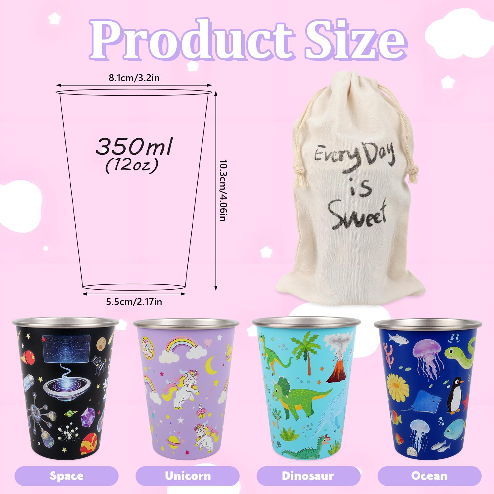 Set di 4 Bicchieri in Acciaio Inox per Bambini 350ml, Tazze in Acciaio Inox, Animali Marini Dinosauro Spazio Unicorno, Bicchieri Riutilizzabili Infrangibili Impilabili per Scuola Casa Campeggio
