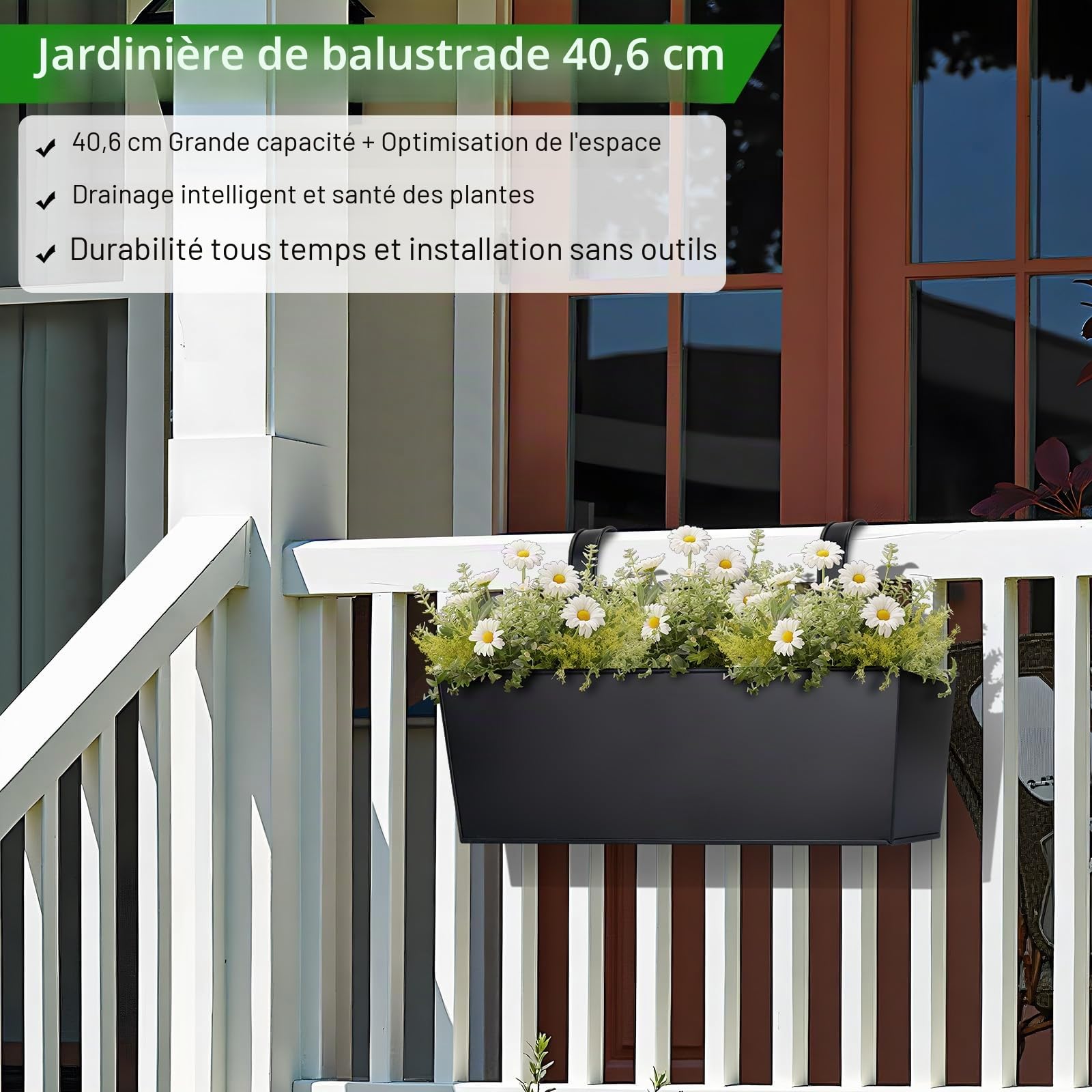 OGIMA Lot de 3 jardinières à Suspendre de 40,6 cm pour Balcon, terrasse et clôture extérieure – Lot de 3 Supports de Pots de Fleurs – Jardinières à Suspendre au Balcon