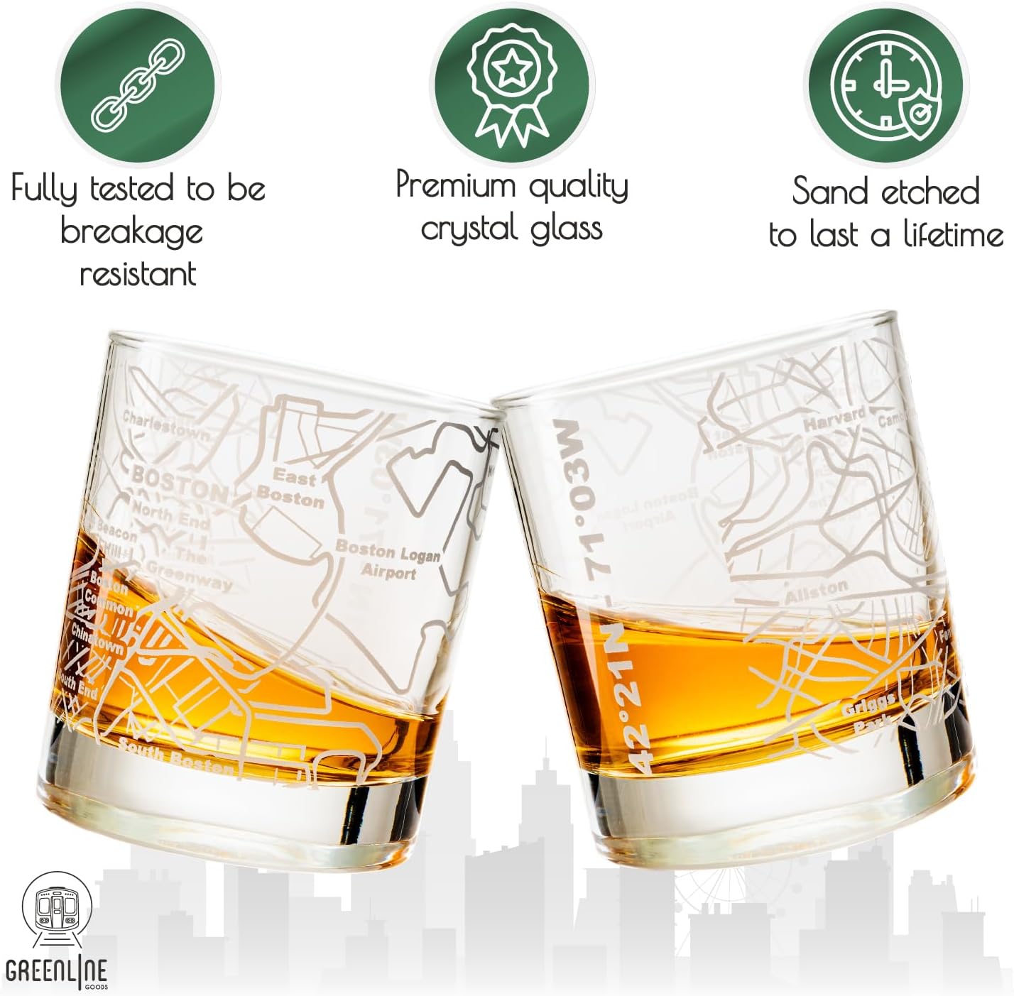 Greenline Goods Whiskey Glasses - 10 Oz Tumbler Gift Set for Boston lovers, Etched with Boston Map | Old Fashioned Rocks Glass - Set of 2