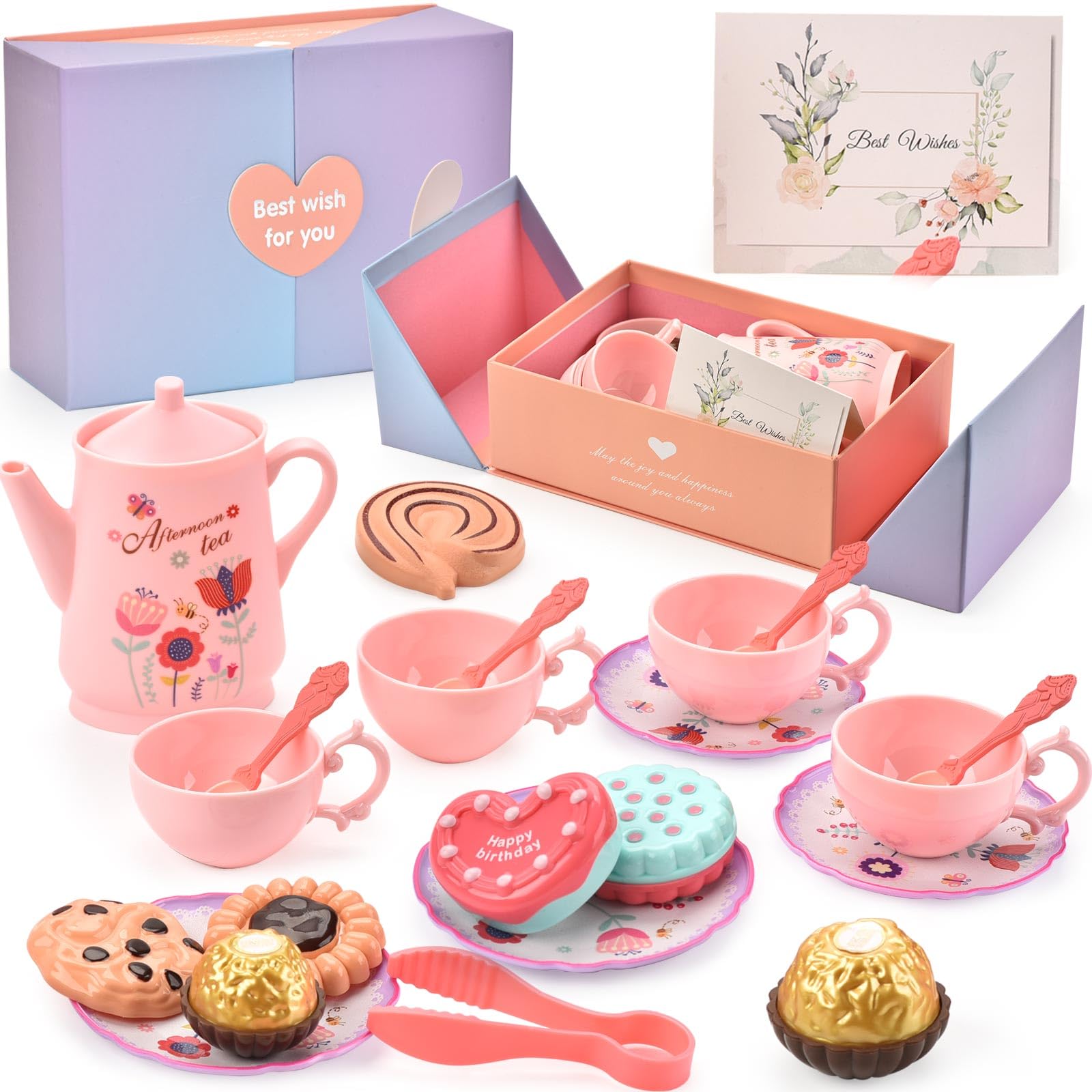Tea Party Set Pretend Play Toy for Year Old Girls, Plastic Tea  Set with Desserts, Gift Box for Birthday, Valentine's Day, Easter Perfect