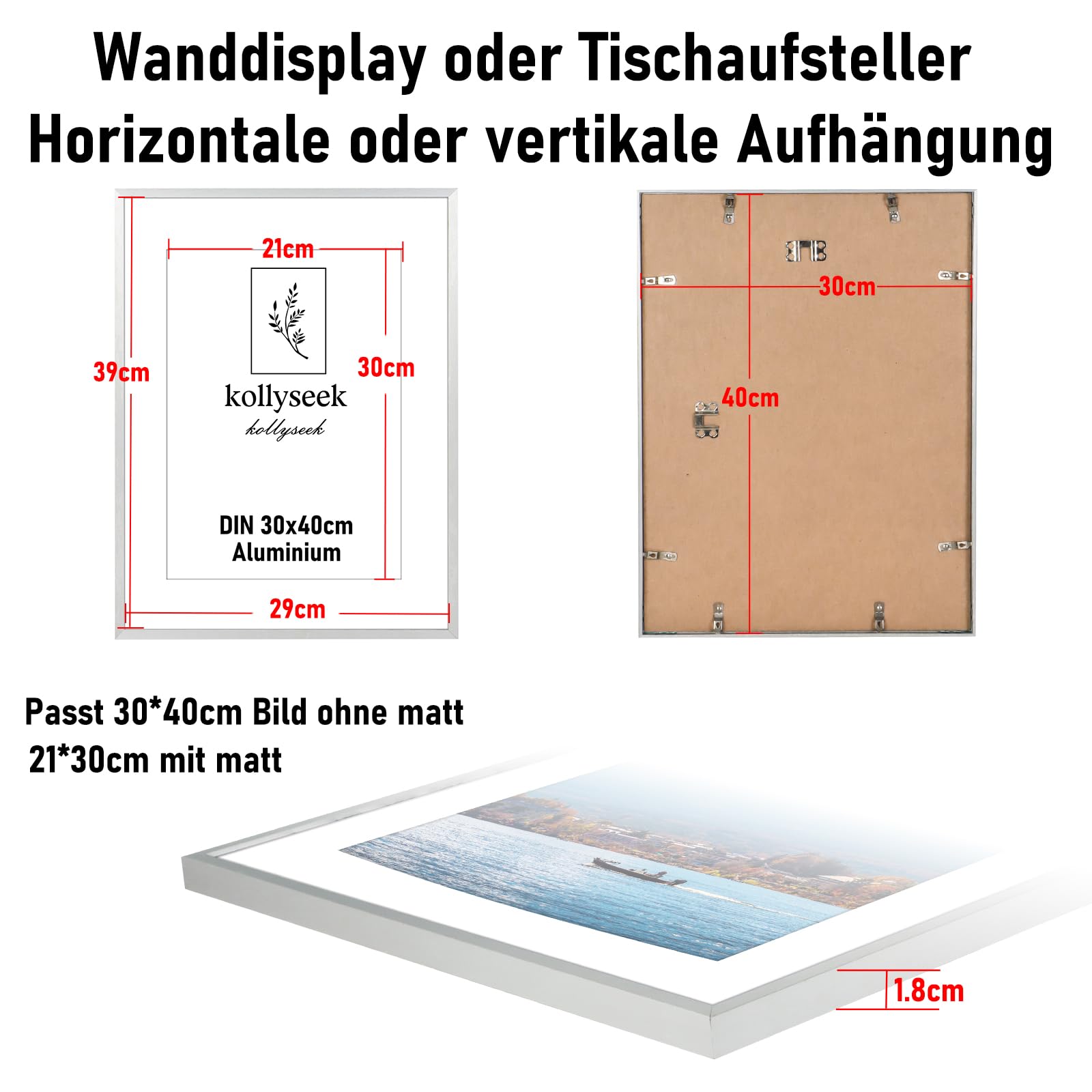 Cornici Portafoto In Alluminio 40x60 Cm - Con Vetro Plexi E Passepartout, Nero