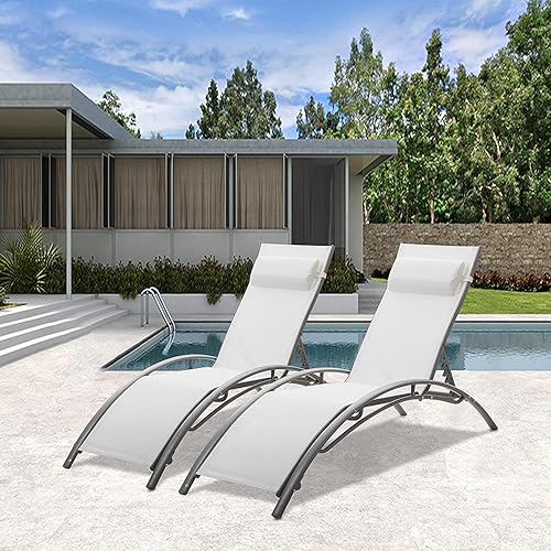 Miniatura 2 de Saemoza Juego de 2 sillas reclinables ajustables para exteriores, playa, al aire libre, piscina, tomar el sol (blanco)