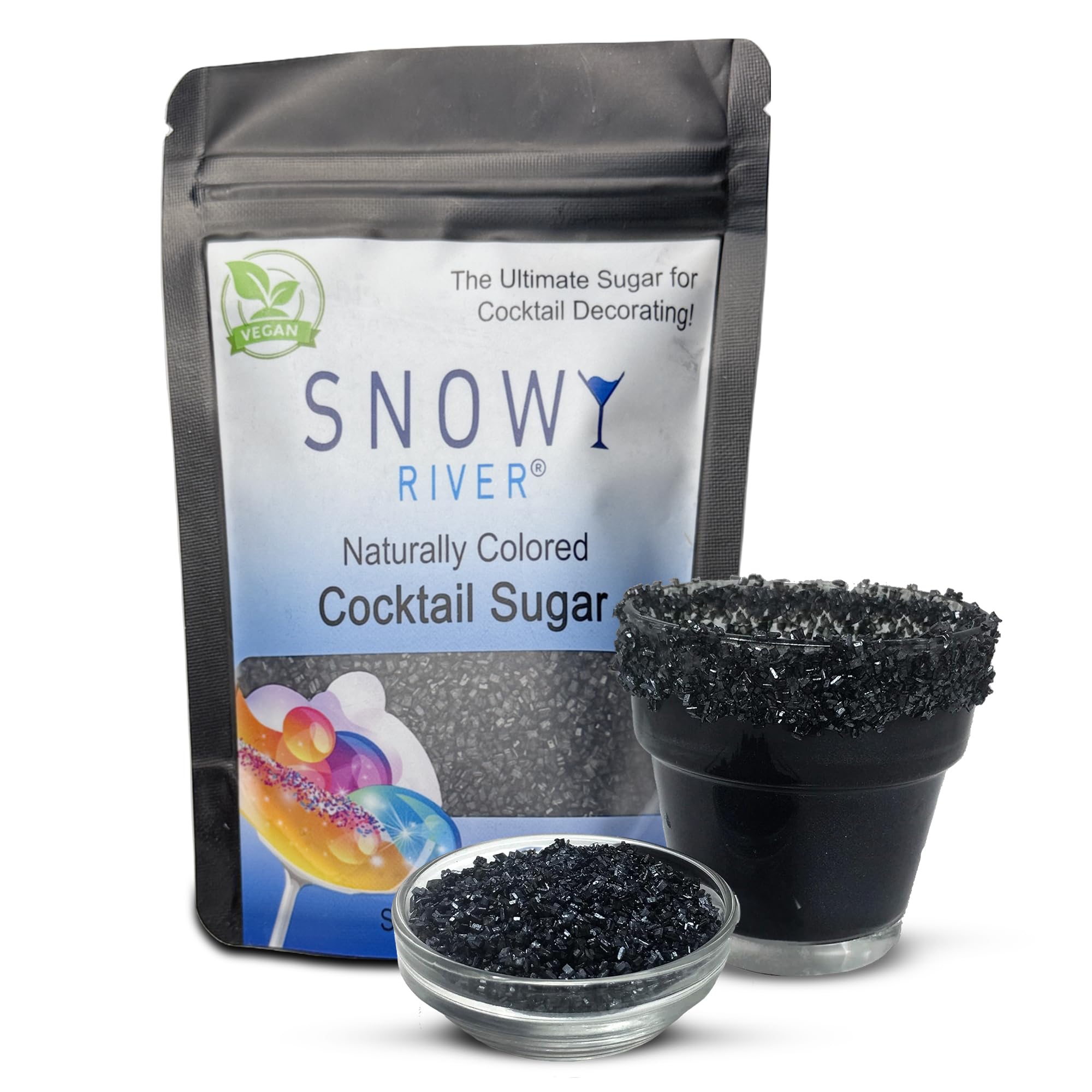 Snowy River Black, Cocktail & Margarita Sugar Rimmer - Vibrant Naturally Colored Sugar for Cocktail Rimming, Baking & Decorating, Medium Crystal - 4oz