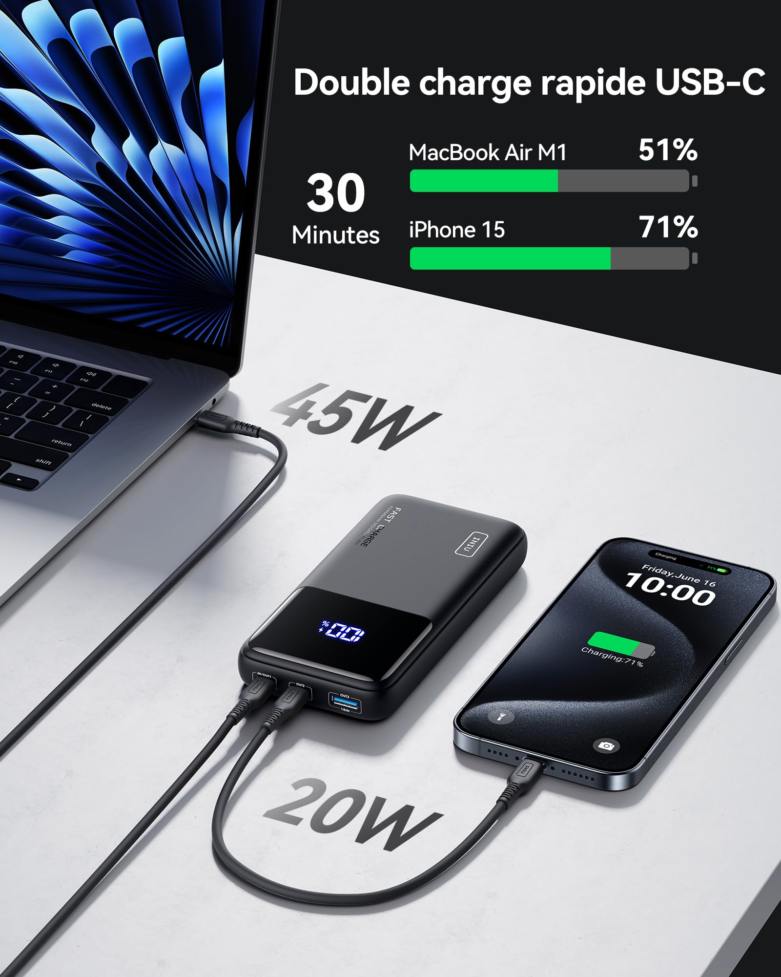 INIU Batterie Externe pour Ordinateur, Compact 65W 20000mAh USBC Power Bank | Autorisé en Avion, Câble USB C Batterie Portable Charge Rapide avec MacBook, Steam Deck, iPhone 17 Samsung iPad etc