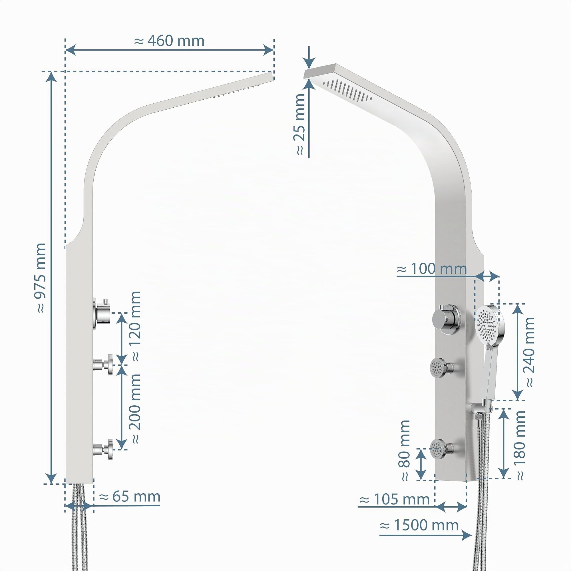 SCHÜTTE Sansibar 60085 Panel de ducha de acero inoxidable sin grifo, sistema de ducha con ducha de lluvia, soporte de pared y alcachofa de mano, juego completo de ducha para la ducha