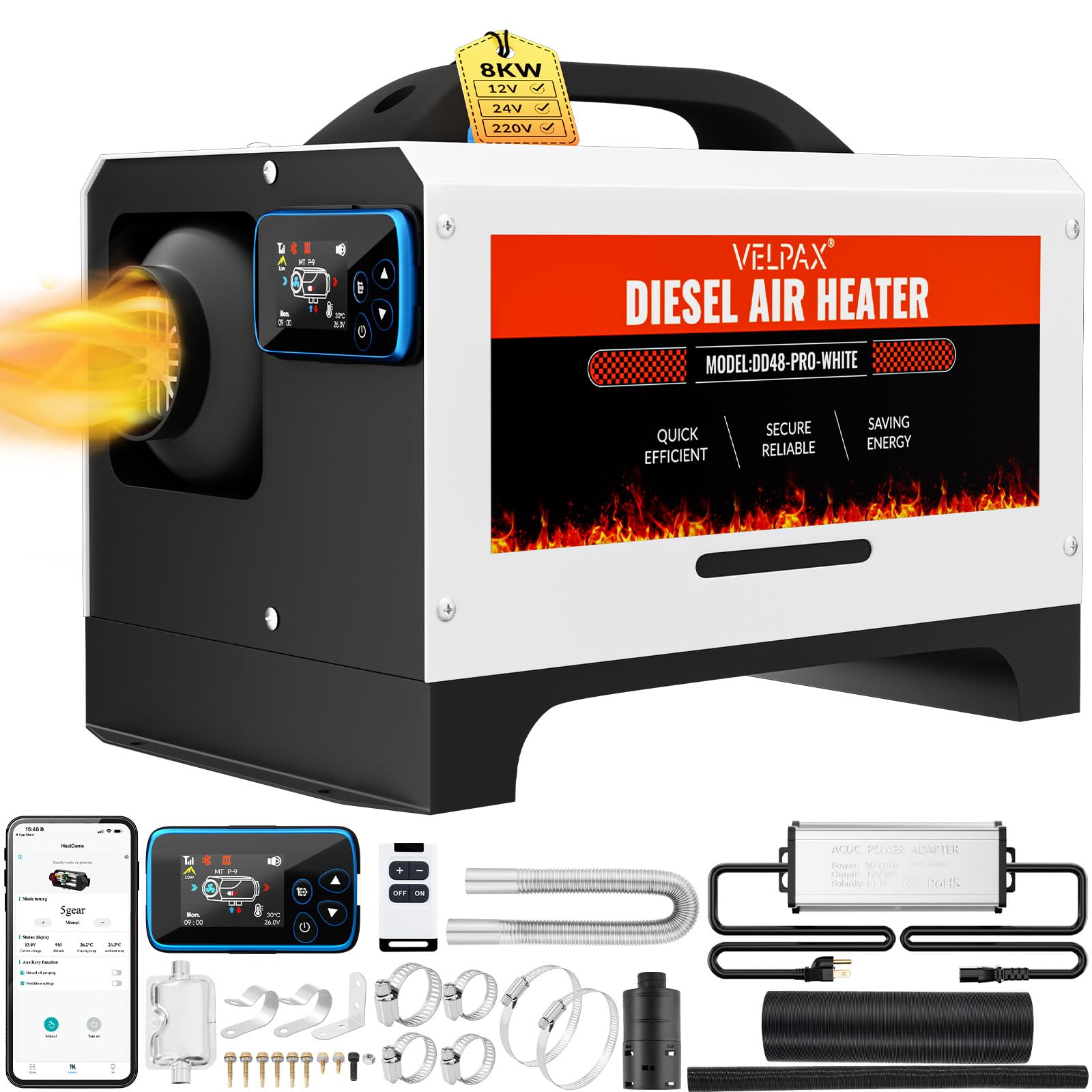 VELPAX Calentador Diésel Portátil Todo en Uno 12 V 24V 220V 8KW,Bluetooth App Calentador de Aire Diesel 0,16-0,52 L/h LCD de Control Remoto,Adecuado para Autocaravanas,Coches,Camiones,Autobuses