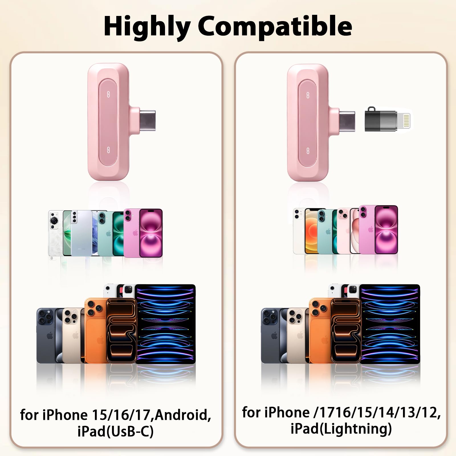 Microfono rosa per iPhone e connettore USB-C, microfono lavalier con cancellazione del rumore, display a LED e clip girevole, ideale per vlog, TikTok e creazione di contenuti
