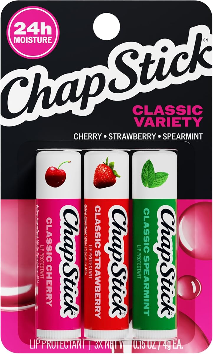 ChapStick Lip Care Set, Classic Collection 3-Pack – Spearmint, Cherry, and Strawberry Lip Balm, 0.15 Oz Ea