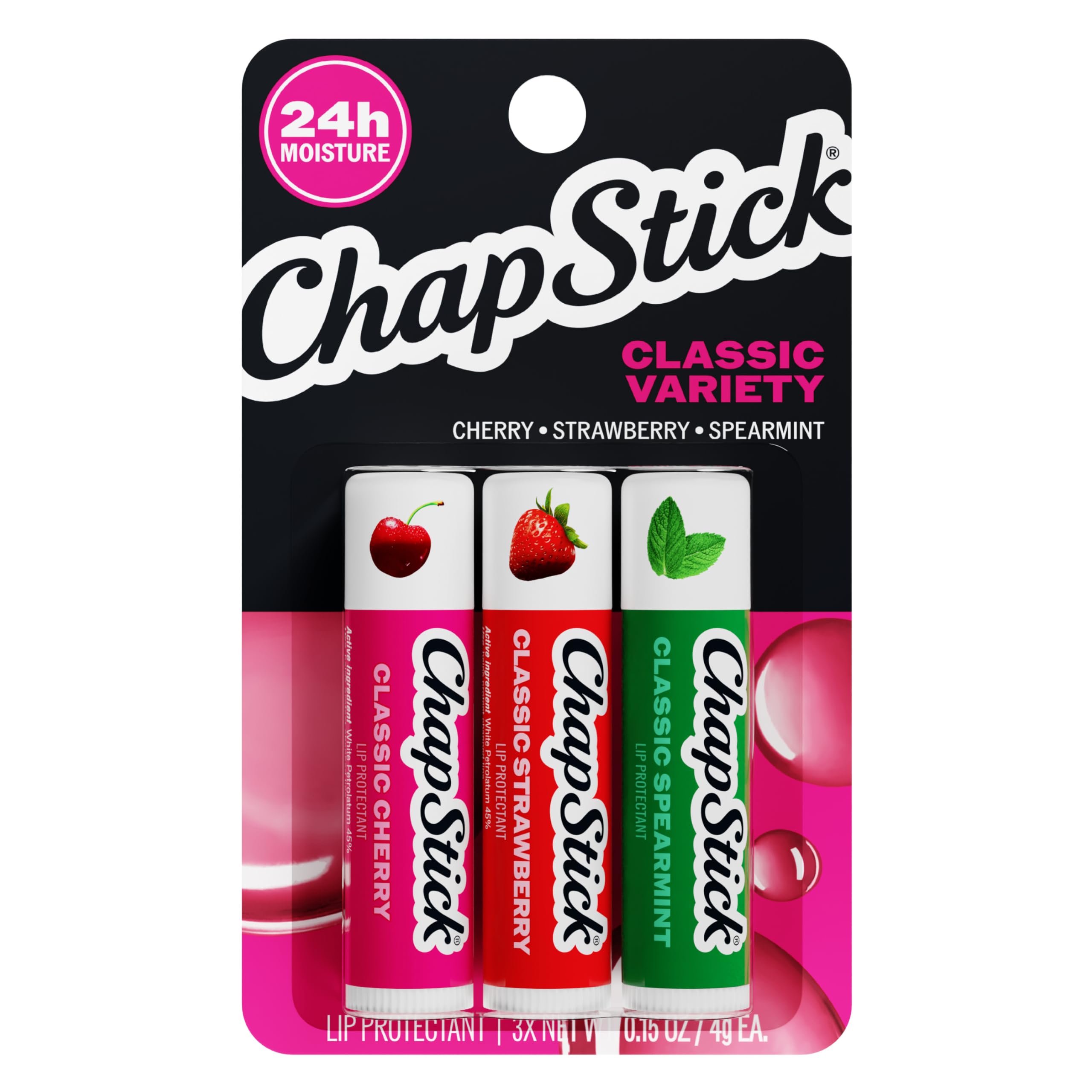 Chapstick 3 Pack, Cherry/Strawberry/Spearmint, Classic (3 Sticks) Cherry, Strawberry & Spearmint Flavor Skin Protectant Flavored Lip Balm Tube, 0.15 Ounce Each-image-43