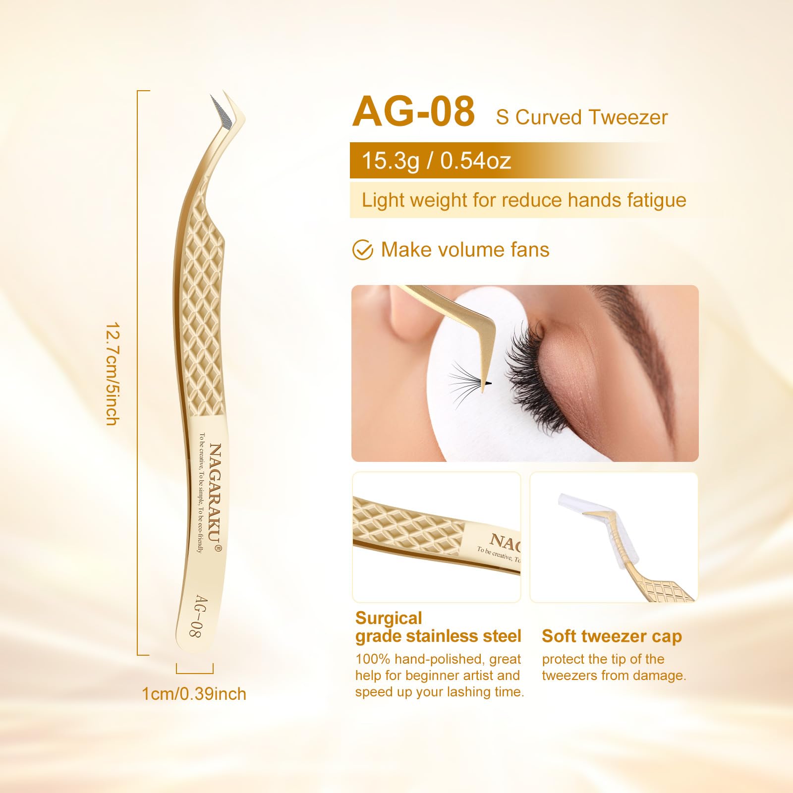 NAGARAKU Precision Fiber Tip Tweezer for Eyelash Extensions Diamond Grip Anti-Static Anti-Slip Premium Stainless Steel Pointed Volume Eyelashes Tweezers Supplies with Box(S Curved Tip Tweezer AG-08) - Image 2