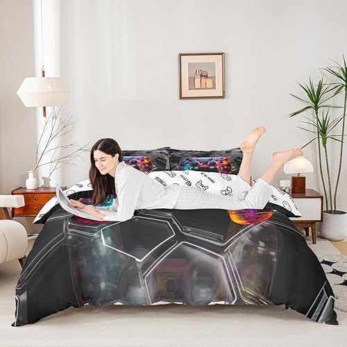 Miniatura 10 de Manfei Juego de funda de edredón de videojuegos tamaño Queen, juego de ropa de cama geométrica de panal de abeja de 3 piezas para niños y