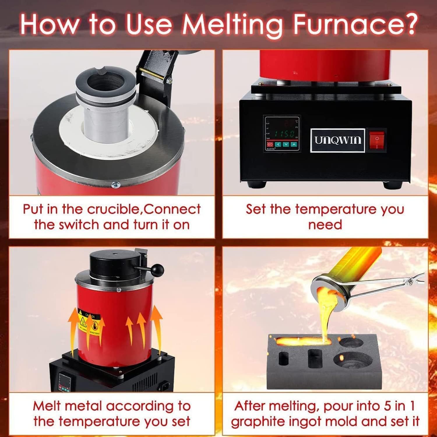 Kit Forno per Fusione dell'Oro, Macchine per Colata Digitale di Metalli da 1500 W 2102 ℃, Forno per la Fusione dell'Oro con 3 Tipi di Crogiolo di Grafite e Guanti, per Metalli Preziosi Gioielli in O