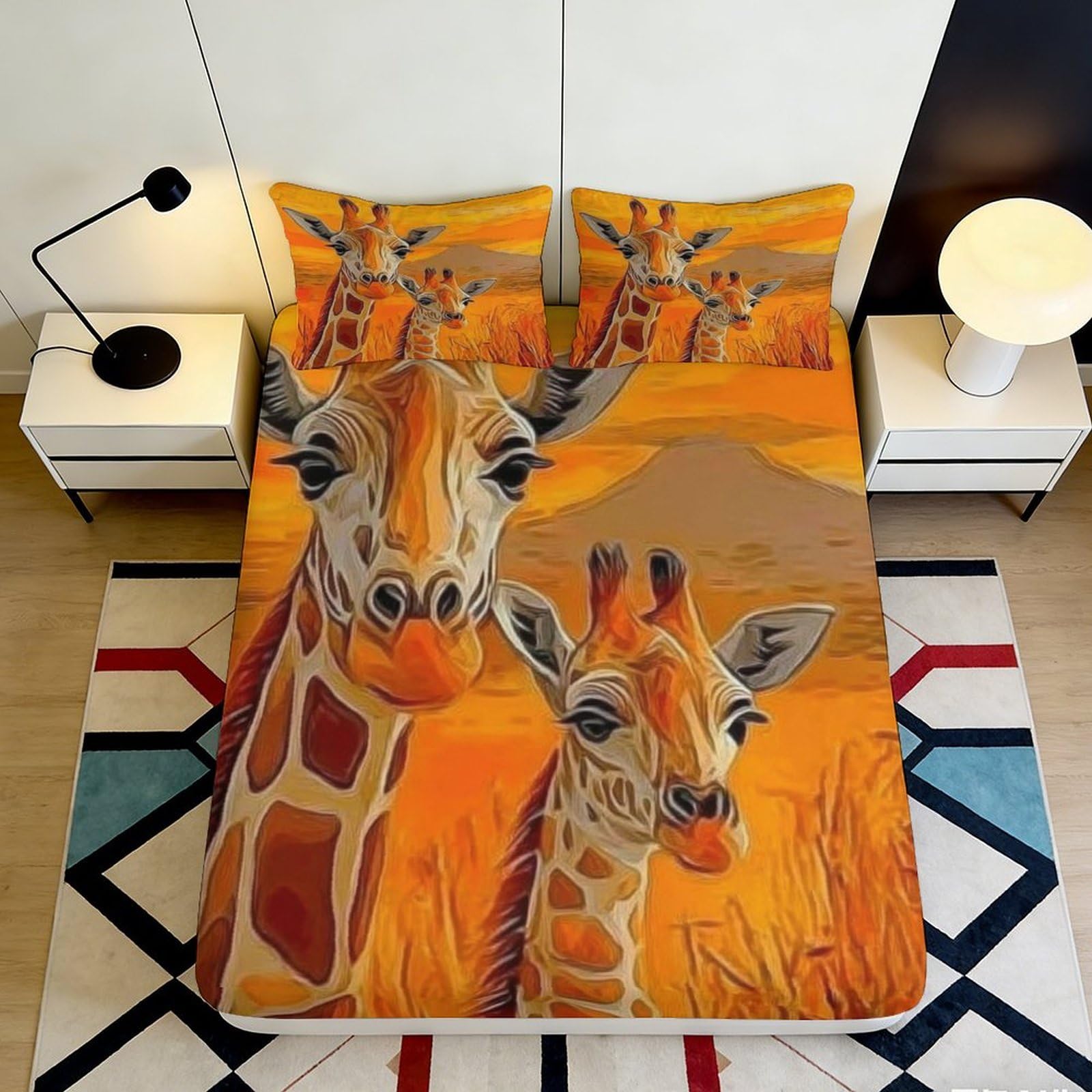 Pnayamiorkfel Style-5 3D Printed Giraffe Family Fitted Sheet Microfiber Orange Safari Bed Cover For Bedroom Guest Room Decoration 90X200x25cm
