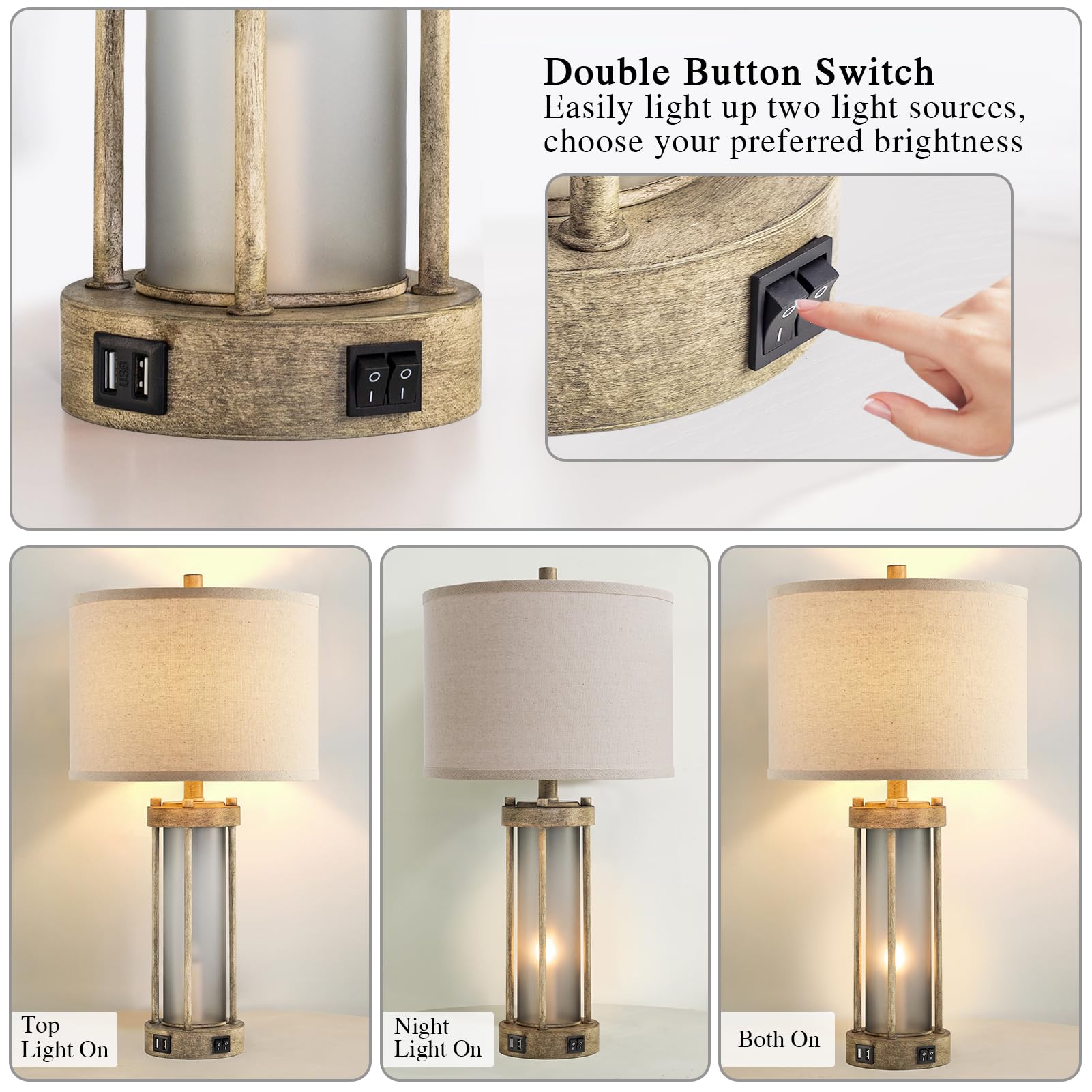 Farmhouse Tischlampen 2er Set für Wohnzimmer, Vintage Schlafzimmer Nachttischlampe mit Dual USB Ports, Nachttischlampe mit Milchglas Nachtlicht für Beistelltisch Eingang, 4 Glühbirnen enthalten