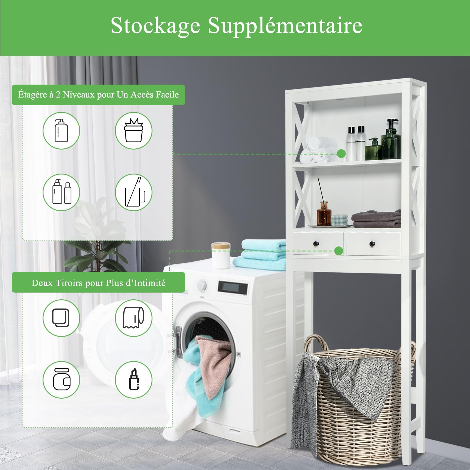 GIANTEX Étagère WC en Bois, Meuble de Rangement au Dessus des Toilettes ou Machine à Laver, Dispositif Anti-basculement, 2 Tiroirs et 2 Étagères, 60 x 20 x 165,5 cm, Blanc
