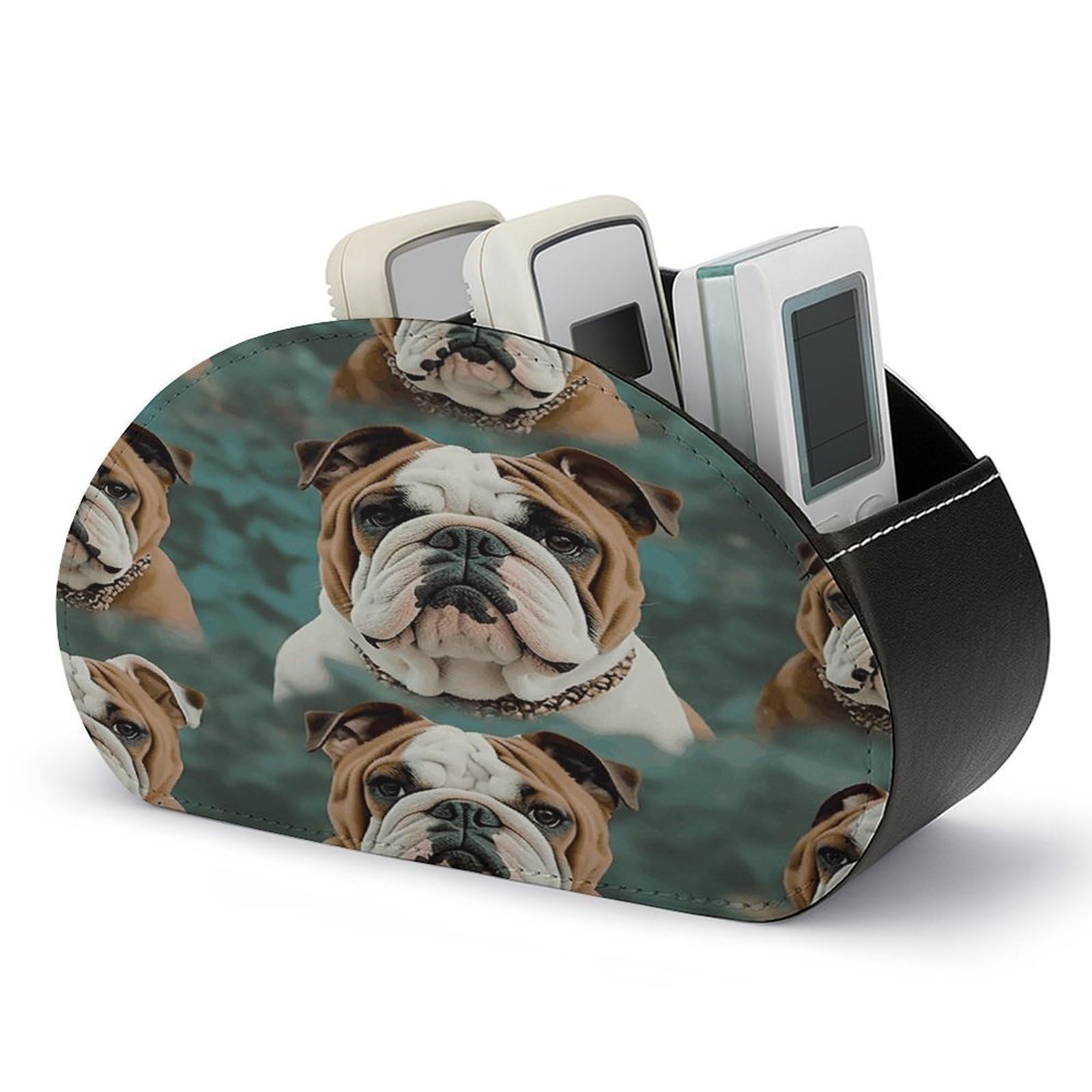 VstaDank Funny English Bulldog Remote Control Holder with 5 Compartments PU Leather Remote Caddy Desktop Organizer Store TV Remote Control Storage Box for Home Office Desk Nightstand