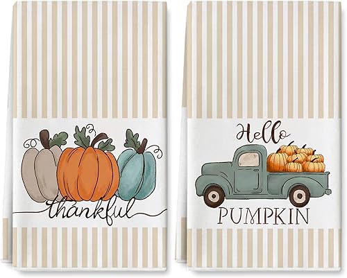 Miniatura 1 de AnyDesign Hello Pumpkin - Toalla de cocina de 18 x 28 pulgadas, toalla de cocina de otoño con diseño de calabaza, toalla de té con rayas otoñales